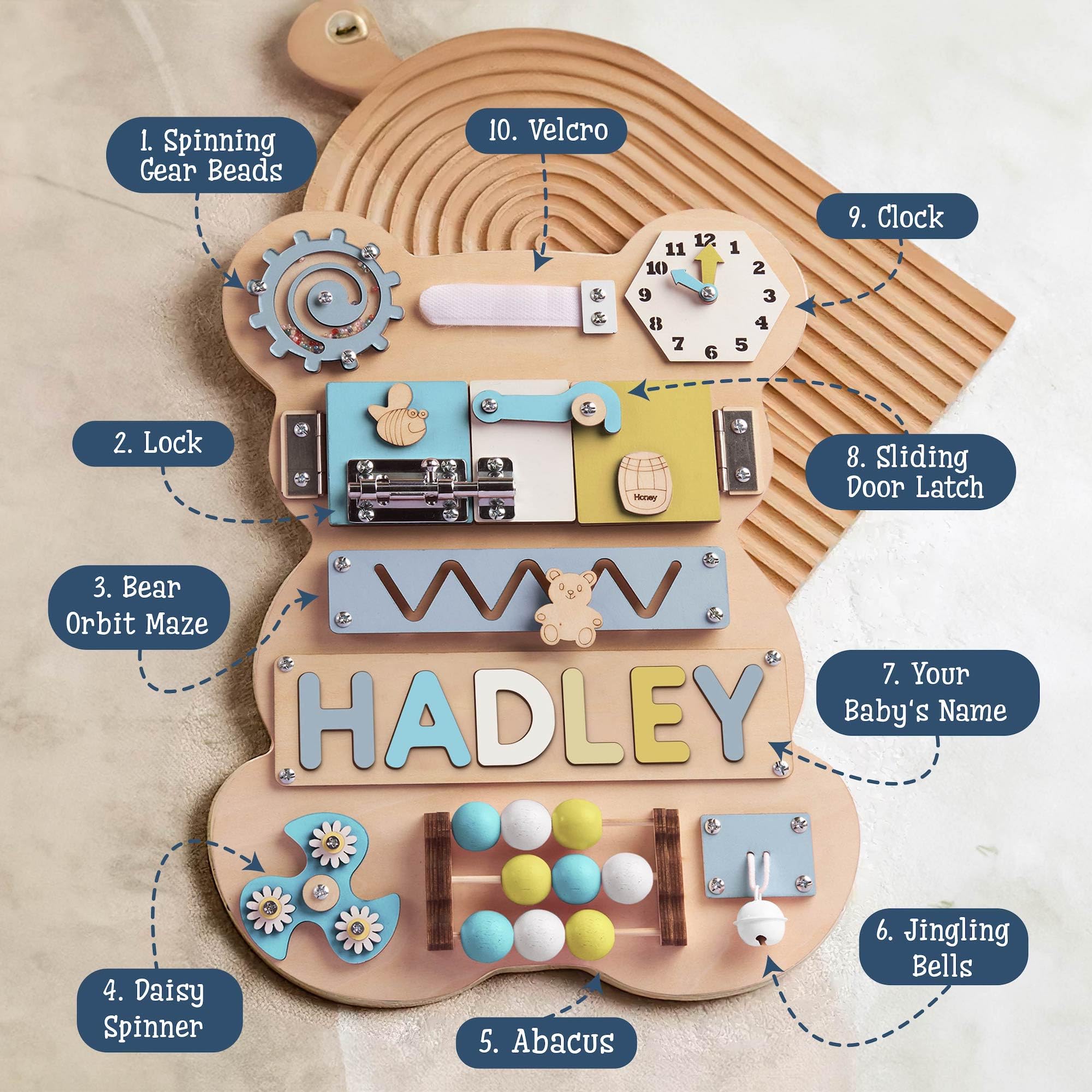 Montessori Busy Board for Toddlers - Personalized Wooden Bear Name Puzzle & Sensory Activity Toy | Learning Toys for 1 Year Old | Unique Birthday & Easter Gift for Baby Boys & Girls (Black Rose) | Perfect for Early Childhood Development, Travel & Home Playtime