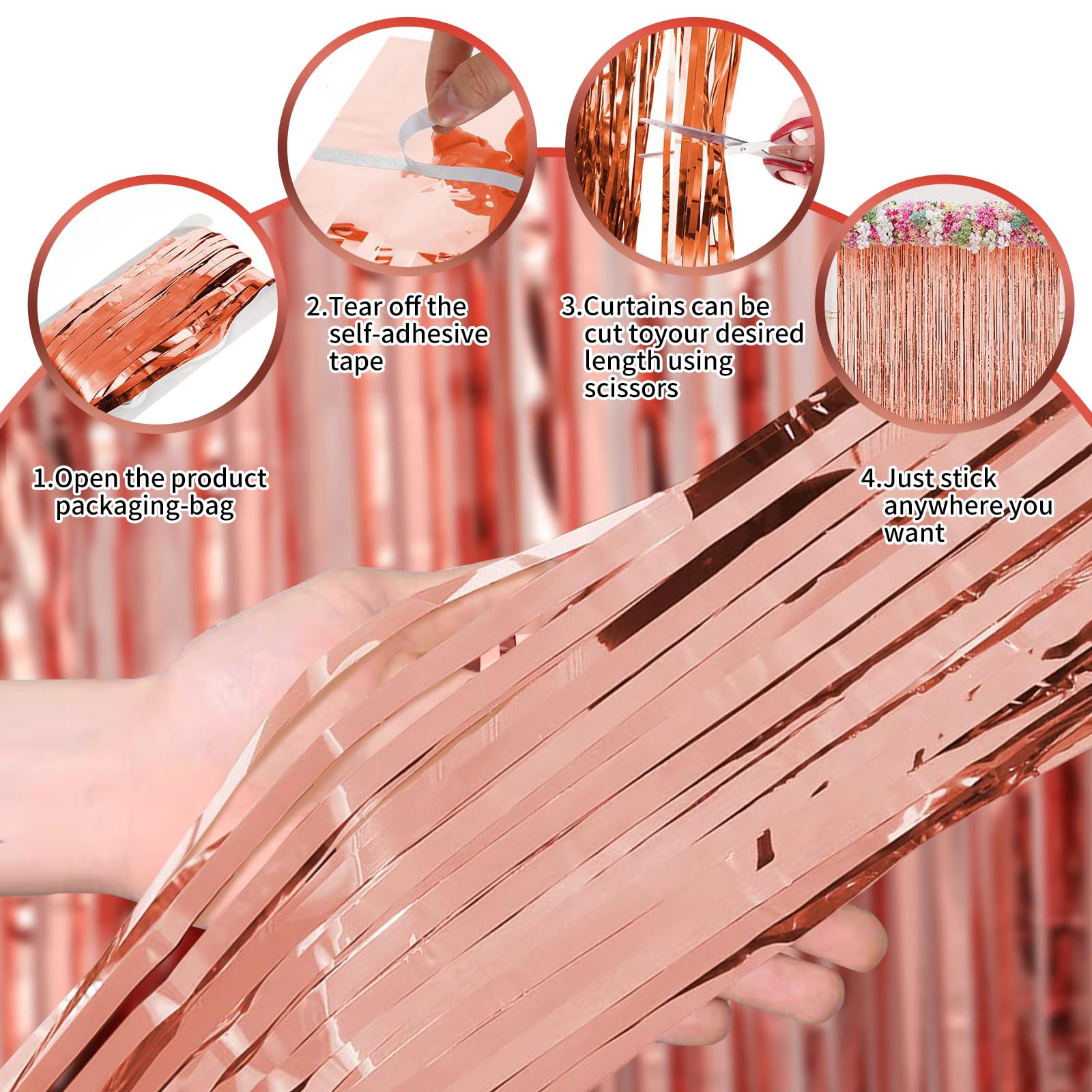 3 Pack Rose Gold Metallic Foil Fringe Curtains & Tinsel Streamers - Elegant Party Decor for Bachelorette, Birthday, Graduation & Baby Shower - Perfect for Photo Backdrops, Wall Decor & Event Styling