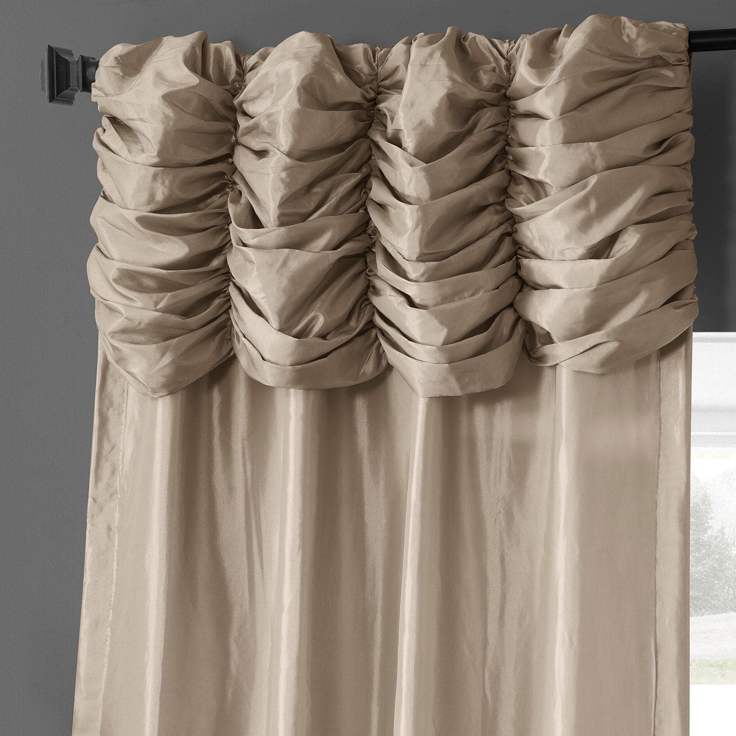 Antique Beige Ruched Faux Silk Taffeta Blackout Curtains for Bedroom & Living Room - Elegant Light Blocking Window Drapes for Home Decor