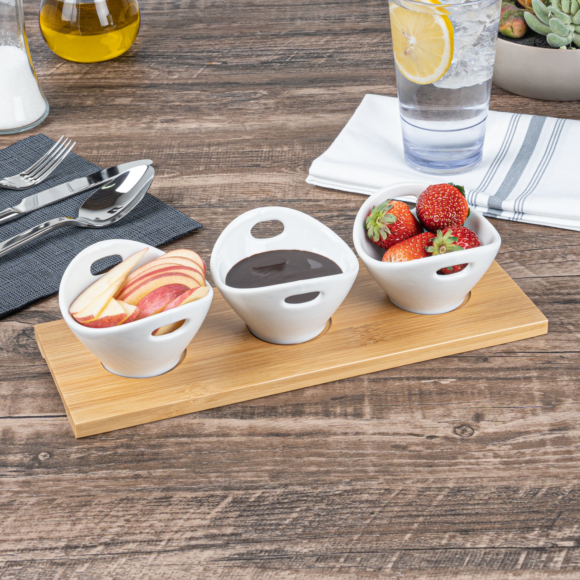 6 oz White Porcelain Rectangular Basket Bowls Set of 3 with Bamboo Tray - 11.75