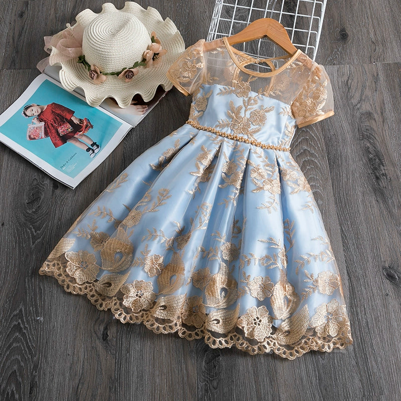 Gold Princess Boat Neck Tea Length Satin Flower Girl Dress for Weddings, Baptisms & Special Occasions - Elegant Formal Attire for Little Girls