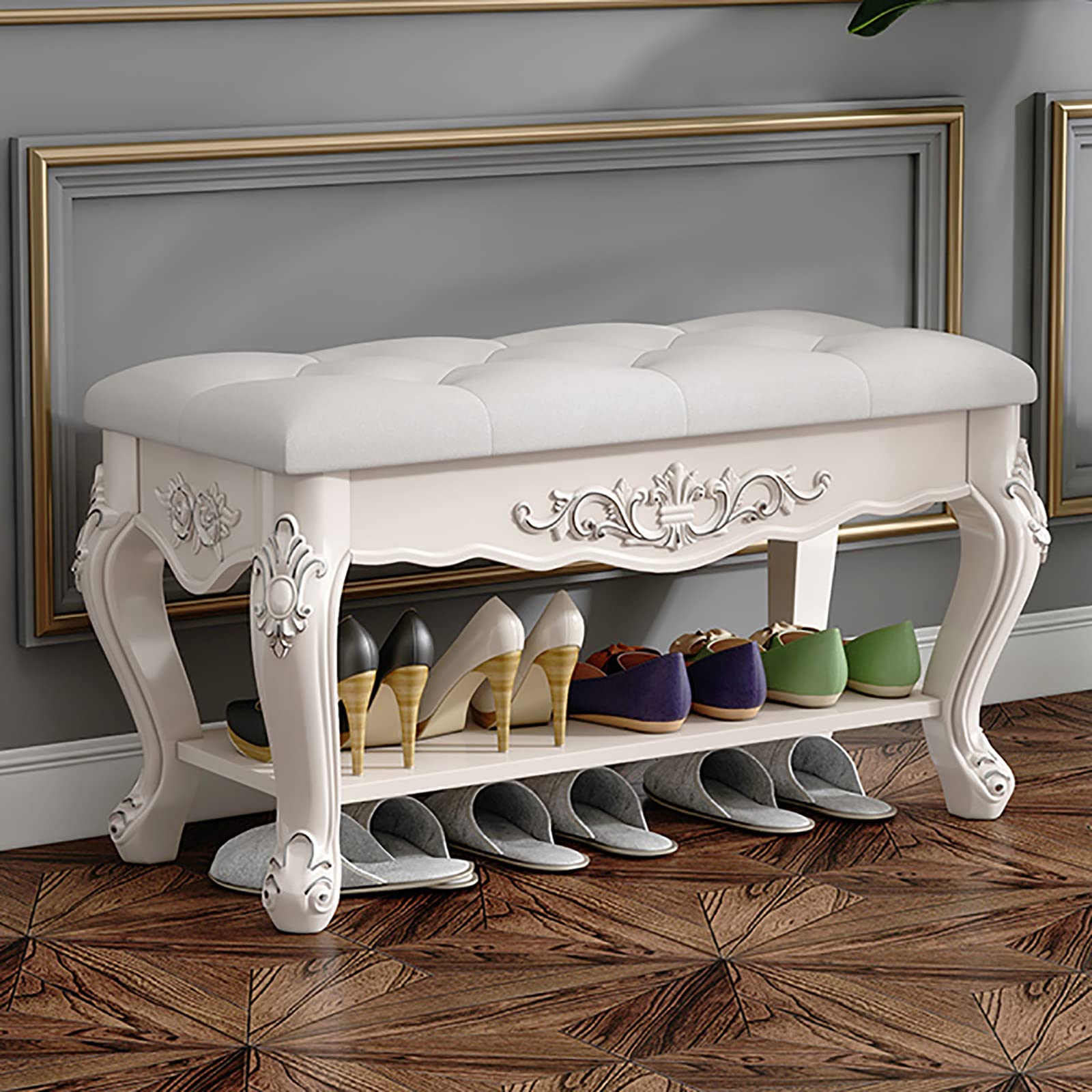 XZFDC European Style Solid Wood Shoe Bench with Leather Cushion - Vintage Entryway Storage Bench for Boots & Shoes, 60x32x46cm (24x13x18inch) - Perfect for Foyer, Hallway & Mudroom Organization (a9vtk-004)
