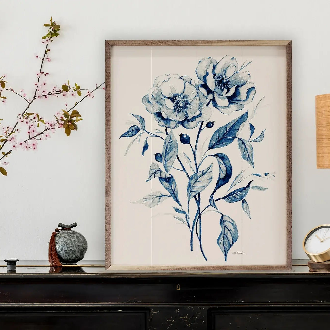 Indigo Wild Roses Wood Framed Print - Vintage Floral Wall Art Decor for Living Room, Bedroom & Office - Perfect Home & Gift Idea