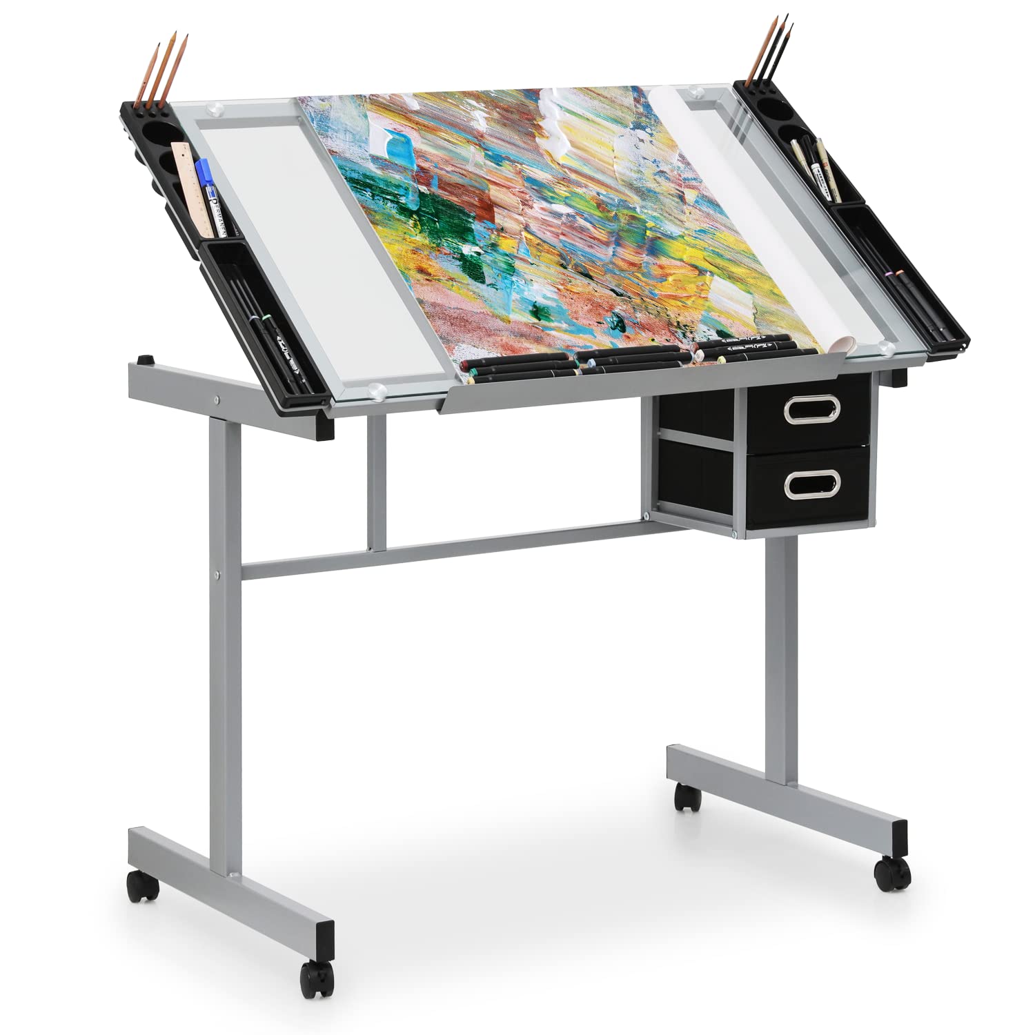 MoNiBloom Adjustable Drafting Table with Wheels, Storage & Side Tray - 0-65° Angle Glass Art Desk with Replaceable Feet for Artists, Architects & Designers - Perfect for Studio, Office & Home Workspace