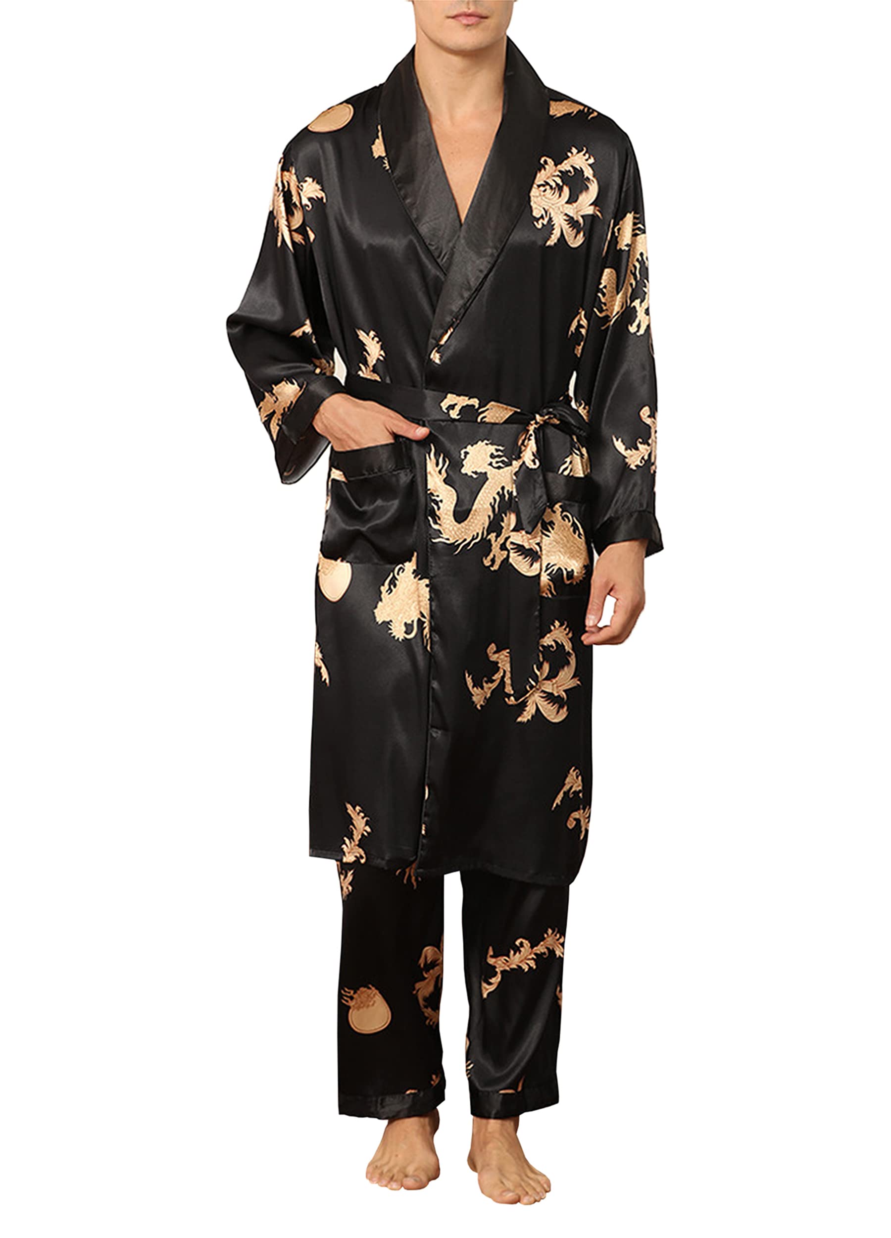 2PCS Men's Satin Dragon Print Bathrobe & Pants Set - Long Sleeve Sleepwear Loungewear for Home, Spa & Relaxation - Soft Imitation Silk Nightgown Robe
