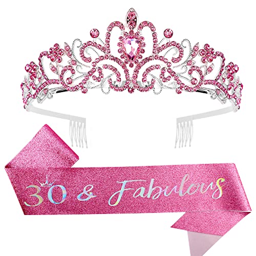 30th Birthday Decorations for Women - Pink '30 & Fabulous' Sash & Tiara Set | 30th Birthday Gifts for Her | Perfect for Birthday Parties, Milestone Celebrations & Photo Shoots