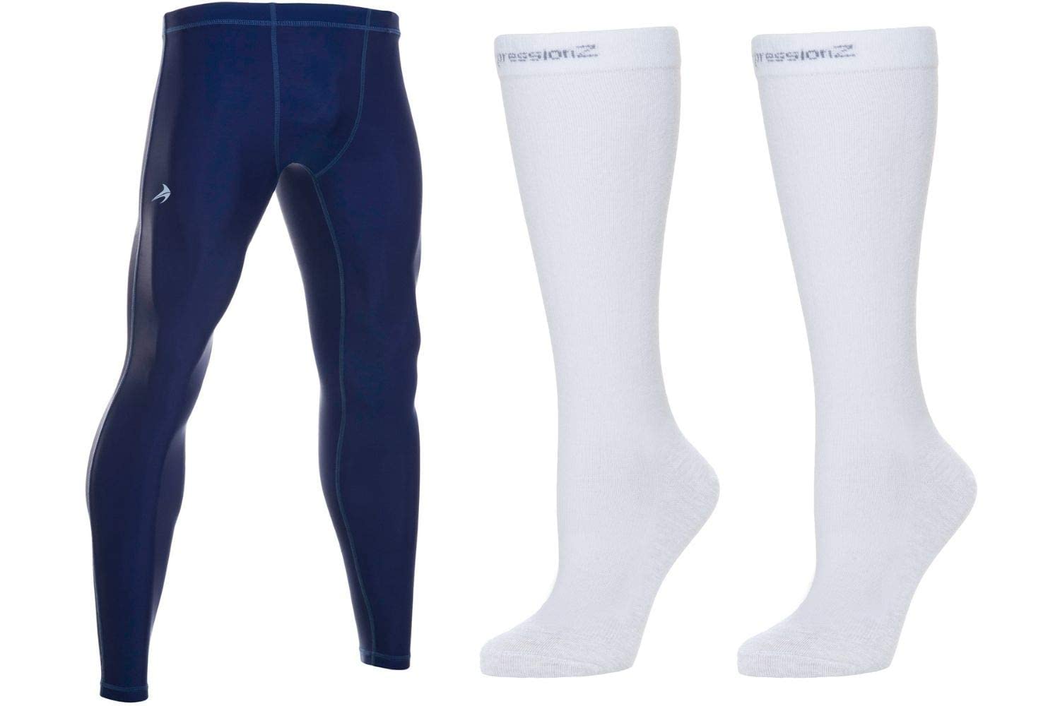 CompressionZ Men's 20-30 mmHg Compression Pants & Knee High Socks Bundle - Navy/White, Small - Ideal for Running, Workout & Post-Surgery Recovery
