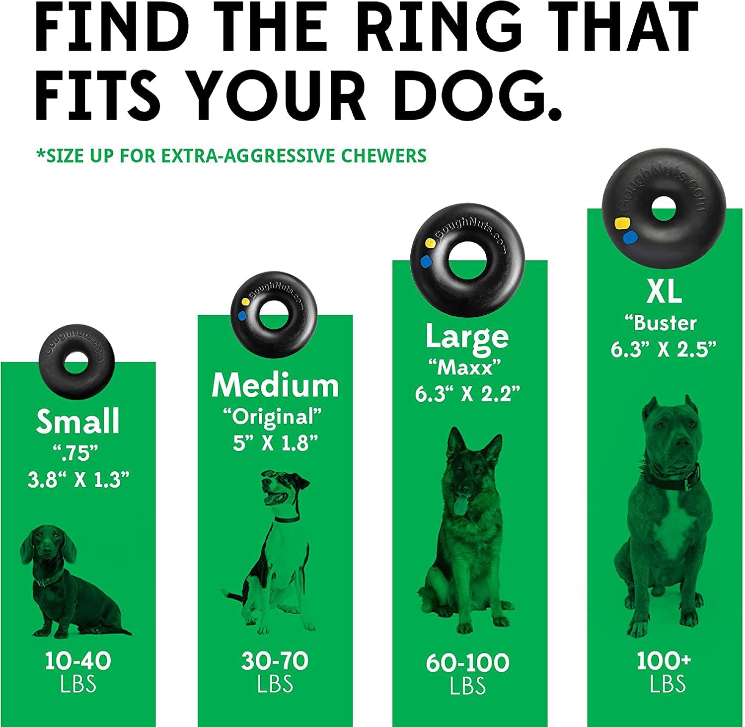 Goughnuts Indestructible Dog Chew Toy - Durable Rubber Ring for Extreme Power Chewers & Aggressive Dogs | Large Size (L) for 100+ Pound Dogs | Green Rubber Chew Toy | Perfect for Training, Anxiety Relief & Playtime
