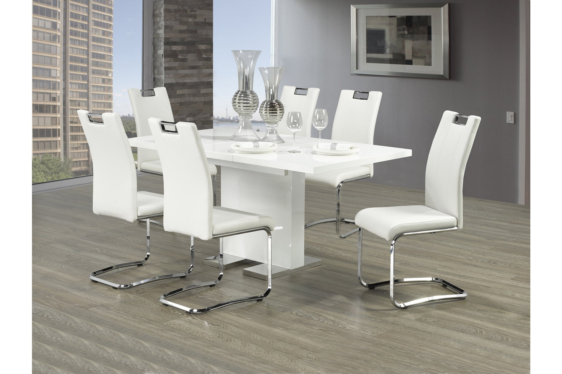 7-Piece Standa Dining Set with Zane White Side Chairs - Modern Kitchen & Dining Room Furniture for Family Gatherings