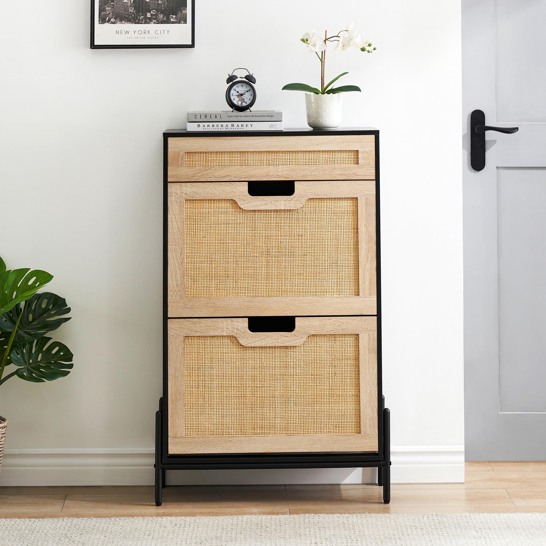 IDEALHOUSE Natural Rattan 2-Door Flip Shoe Cabinet with Drawer - 3-Tier Adjustable Shelf Shoe Storage Organizer for Entryway, Hallway & Closet - Modern Freestanding Shoe Rack for Home & Office Organization