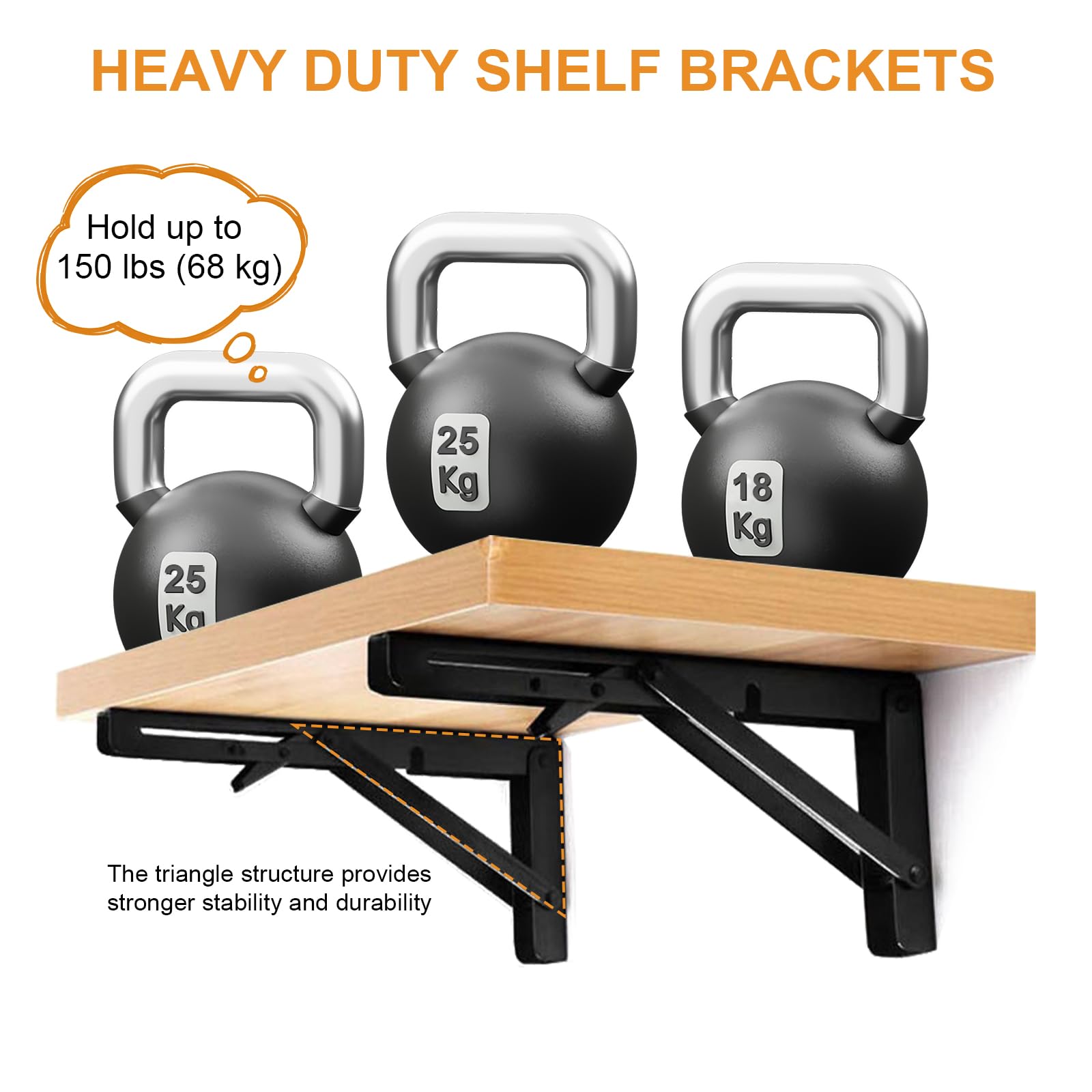 Heavy Duty Folding Shelf Brackets - 150lb Max Load for DIY & Wall Mounting (2PCs, Black) - Perfect for Space Saving Shelves & Tables