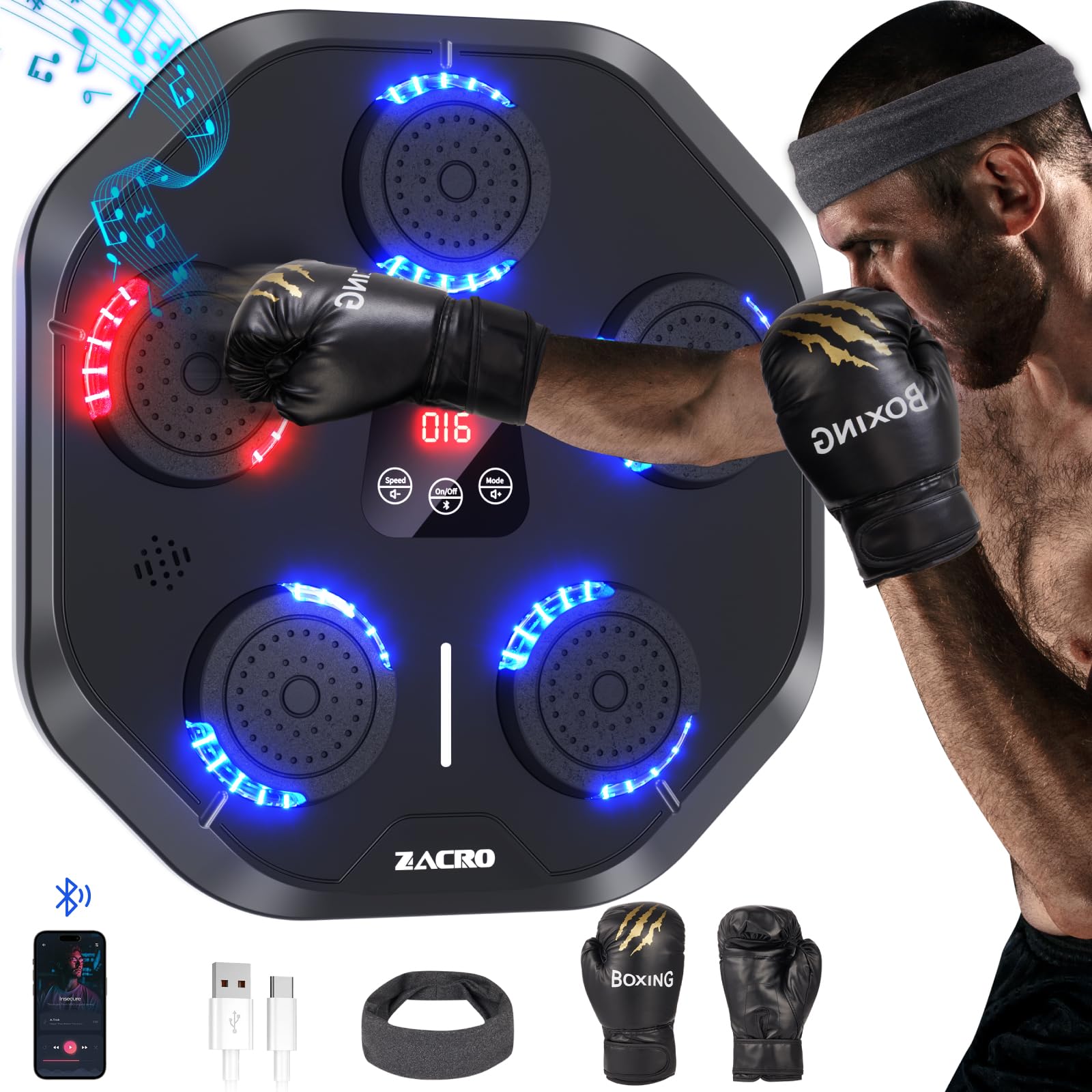 Zacro 2024 Smart Bluetooth Music Boxing Machine with Boxing Gloves - Wall Mounted Electronic Boxing Trainer & Punching Pad for Adults - Perfect for Home Gym, Indoor Workouts & Boxing Training
