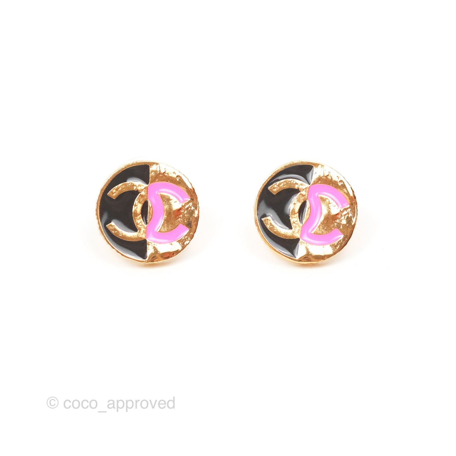 Chanel CC Round Earrings - Black, Pink & Gold Tone 24C Fashion Jewelry | Luxury Designer Earrings for Women | Perfect for Parties, Date Nights & Special Occasions