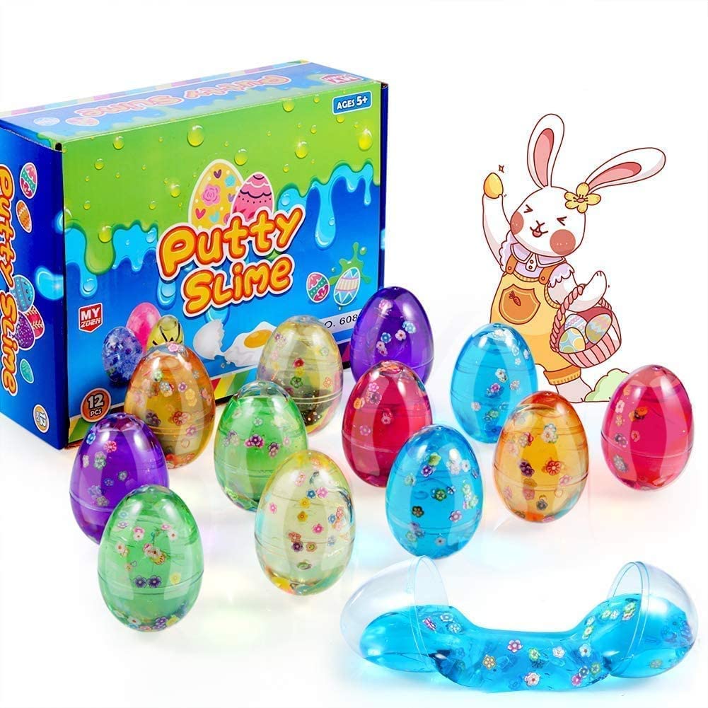 ThinkMax 12-Piece Fluffy Slime Eggs for Kids - Easter Basket Stuffers & Egg Hunt Prizes - Fun Sensory Play Toy for Easter Party Games & Stress Relief