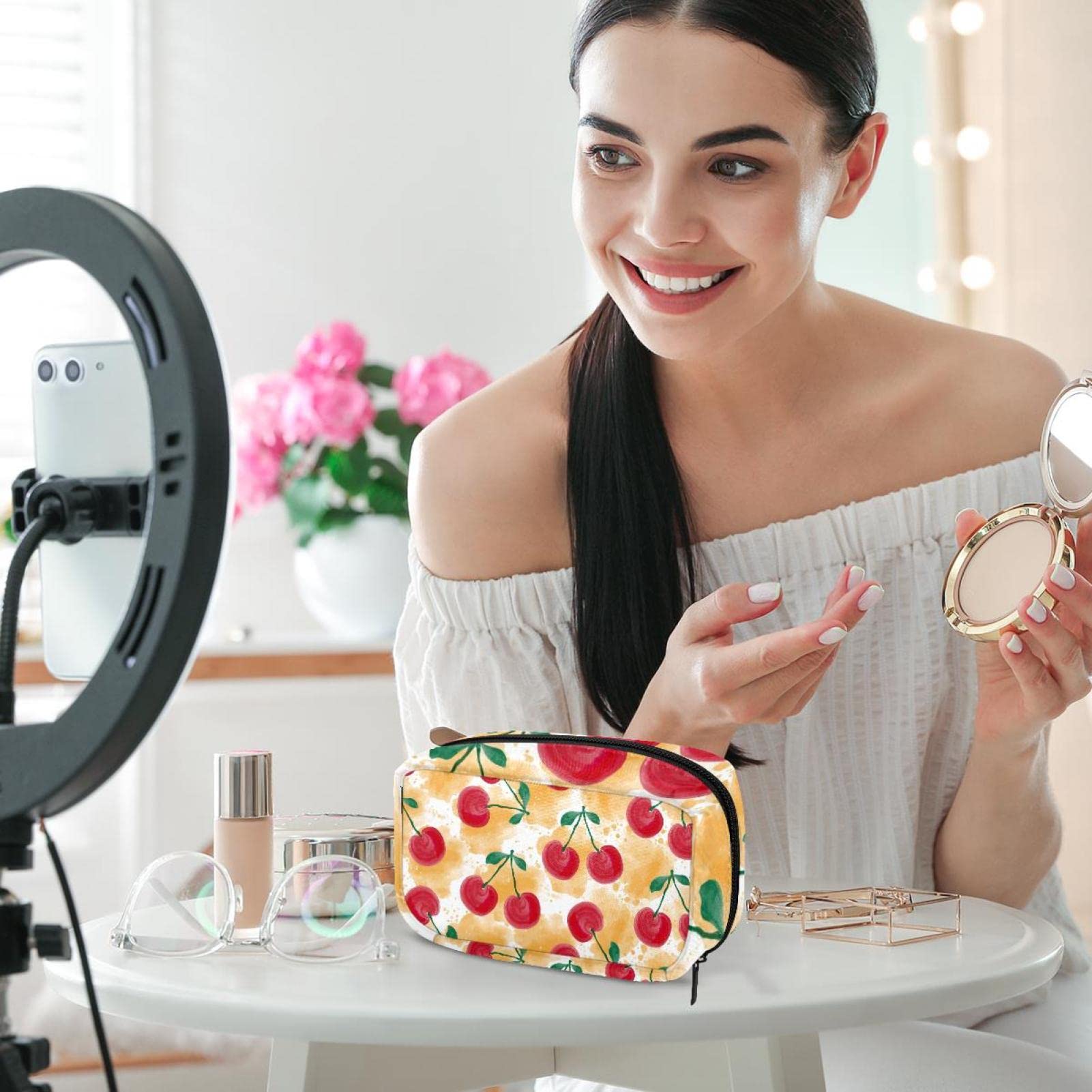 Women's Red Cherry Cosmetic Bag - Travel Makeup Pouch for Toiletries & Organizer