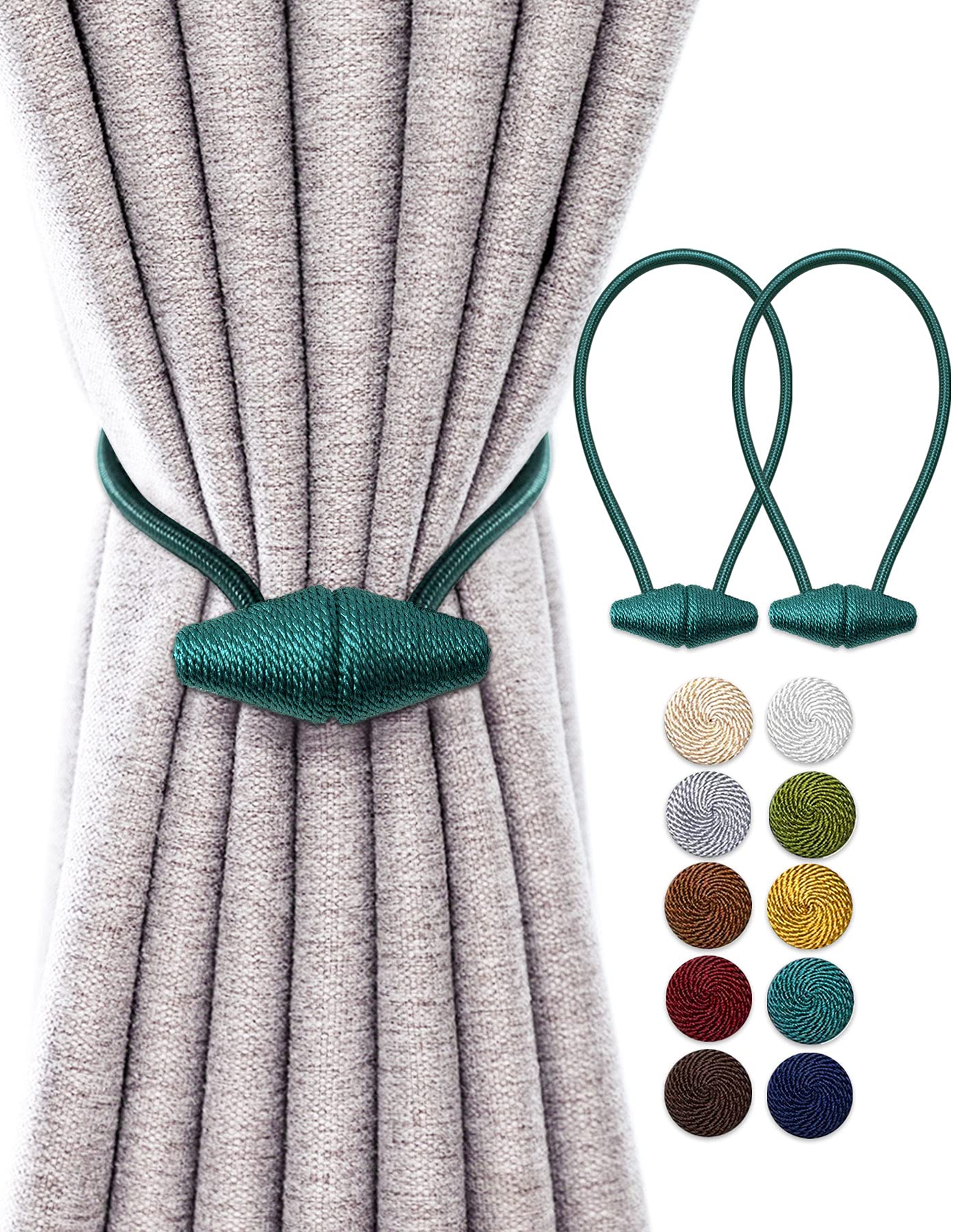 Upgraded Magnetic Curtain Tiebacks with Stronger Magnets - 2 Pack 16 Inch Drapery Holdbacks for Indoor & Outdoor Use (Teal) - Perfect for Living Room, Bedroom, and Patio Decor