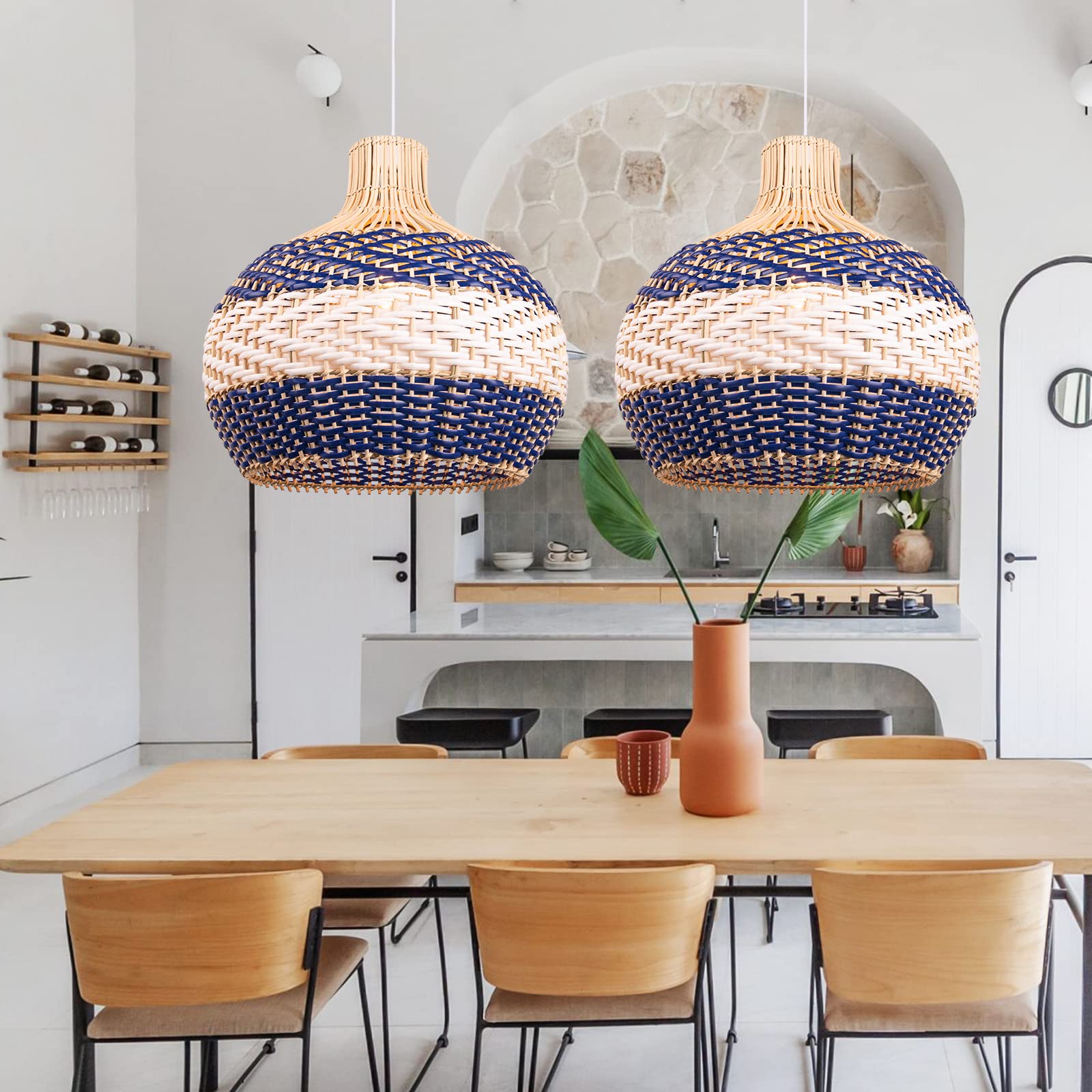 Arturesthome Natural Rattan Pendant Light - 1-Light Woven Chandelier with Domed Shade for Farmhouse Kitchen, Dining Room, Bedroom & Patio Lighting