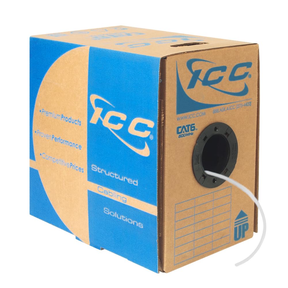 ICC Cat6 CMP Plenum 1000ft UTP 23AWG Solid Pure Copper Ethernet Cable - UL Certified True Plenum, PoE++ Compatible, 500MHz, Reelex No Tangle Pull Box, Made in USA, NEC Compliant (White) - Ideal for Office Networks, Data Centers & High-Speed Internet Installations