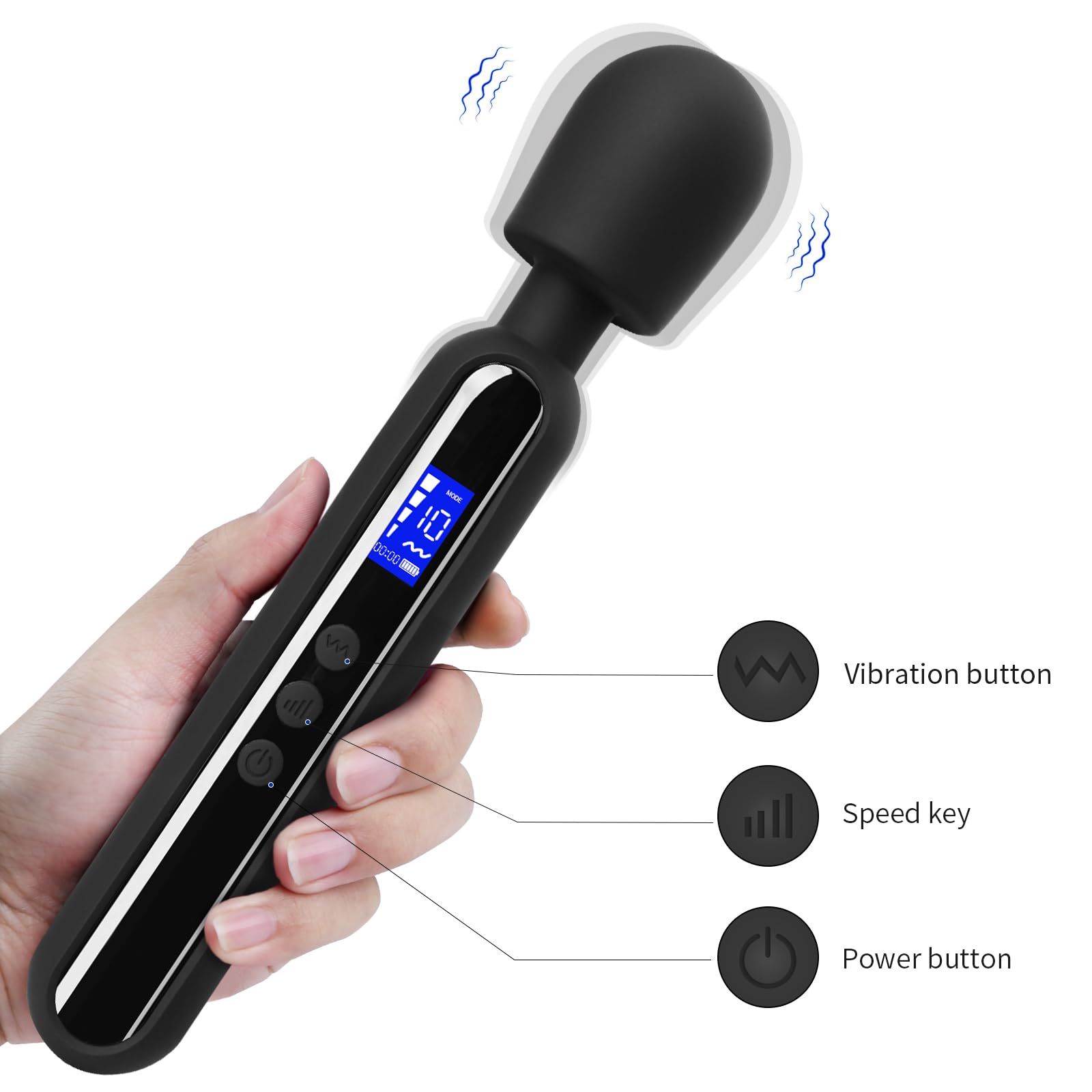 Powerful Cordless Vibrating Wand Massager for Women - 10 Vibration Patterns & 4 Speeds with LCD Display - Clitoral & G-Spot Stimulation - Rechargeable Waterproof Sex Toy for Couples & Solo Play - Perfect for Relaxation, Foreplay & Full-Body Massage (Black)