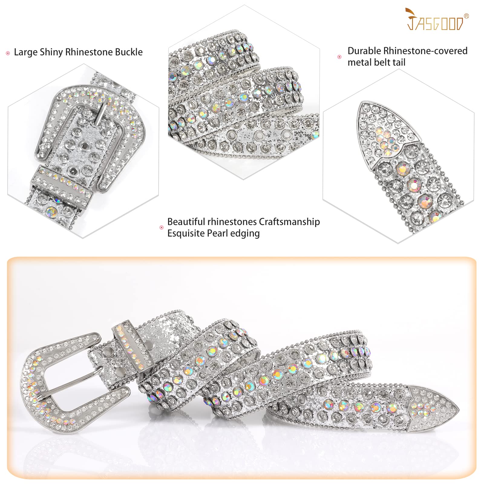 JASGOOD Rhinestone Belt for Women & Men - Bling Western Cowgirl Cowboy Studded Leather Belt with Diamonds - Stylish Waist Belt for Jeans, Pants - Perfect for Country Concerts, Rodeos & Western Fashion