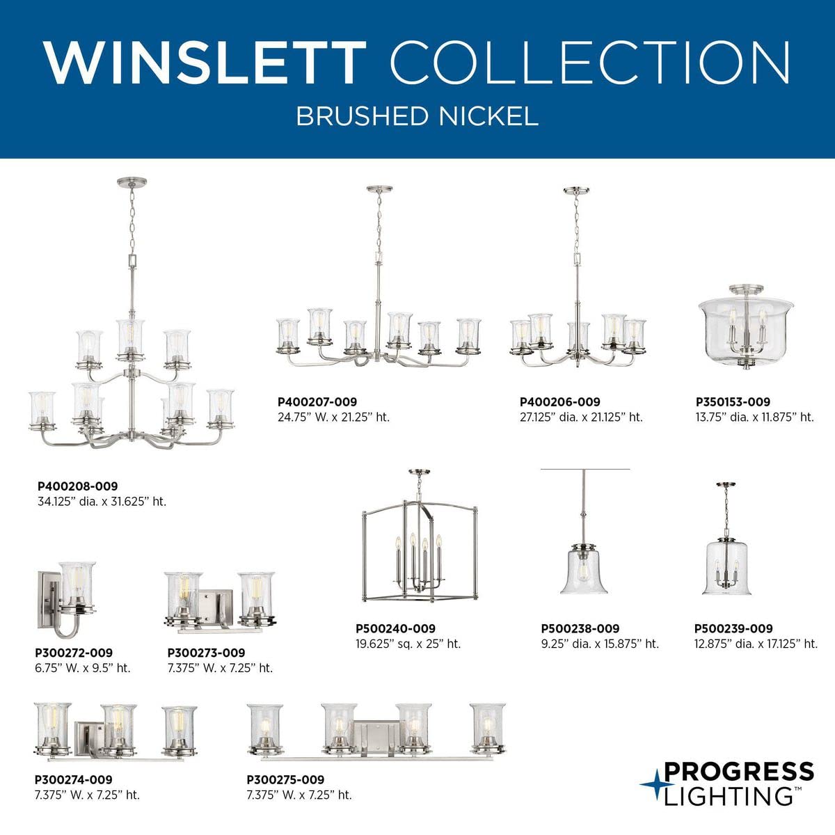 Progress Lighting Winslett Collection 9-Light Clear Seeded Glass Coastal Chandelier in Brushed Nickel - Perfect for Beach House, Coastal Decor & Dining Room Lighting
