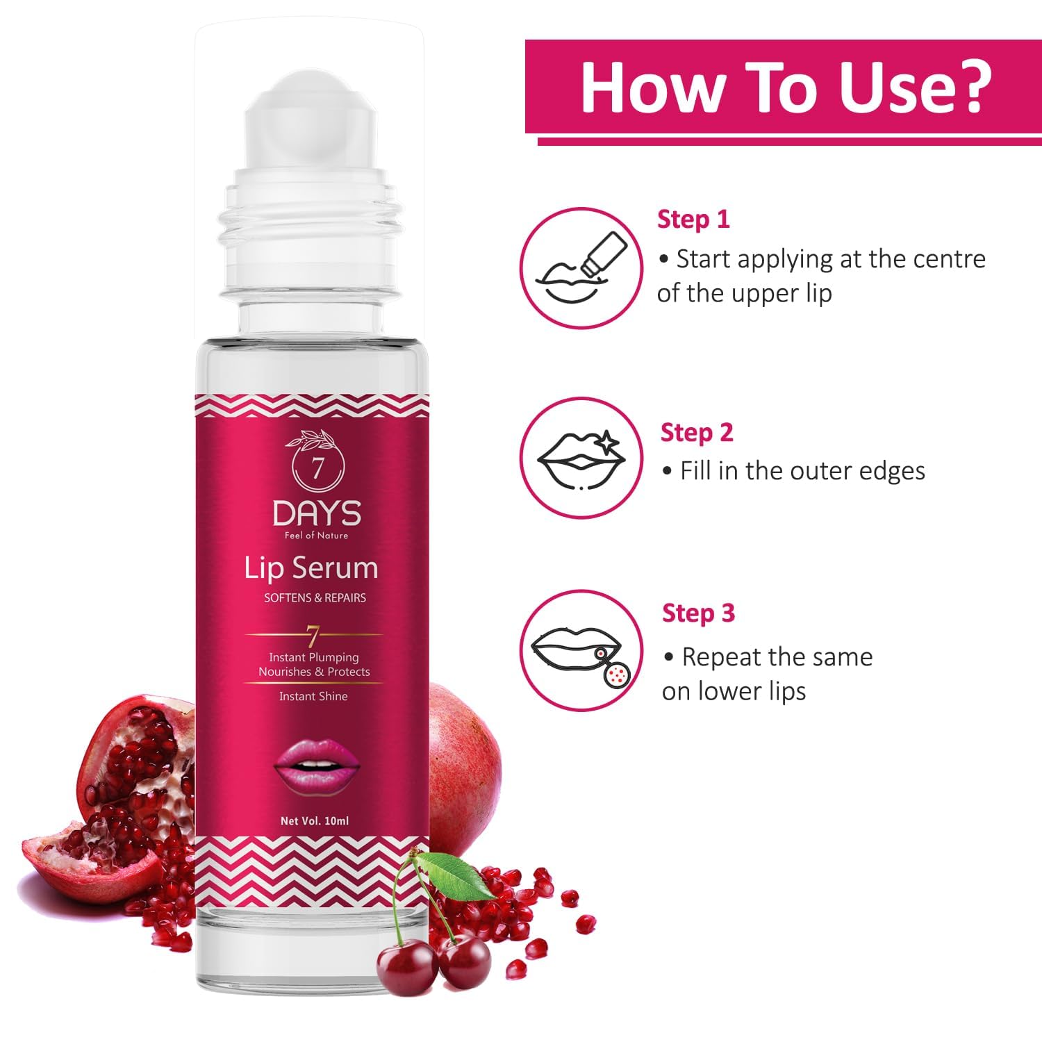 VIVA Lip Serum with Roll-On for Plump & Hydrated Lips | Dark Lip Treatment with Shea Butter & Pomegranate | Moisturizing Lip Care for Men & Women (10ml) | Perfect for Daily Use, Night Care & Lip Makeup Prep