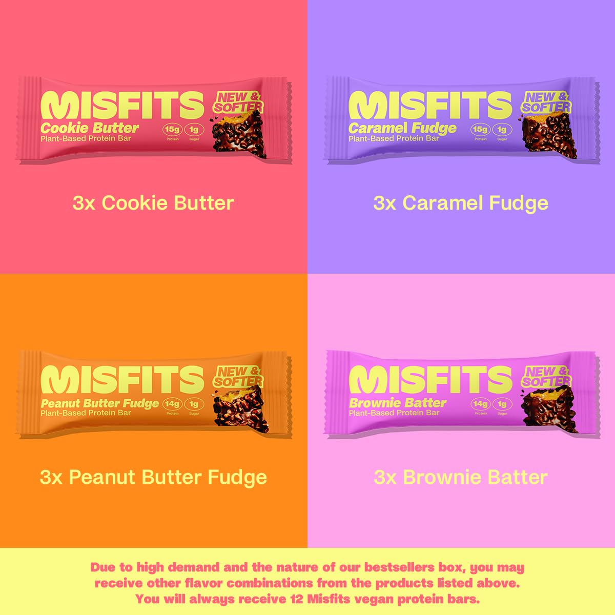 Misfits Vegan Protein Bars - Plant Based, Low Sugar & Carb, High Fiber Snacks | Variety Pack of 12 (4 Flavors) | Perfect for Post-Workout Recovery, Healthy On-the-Go Snacking & Weight Management