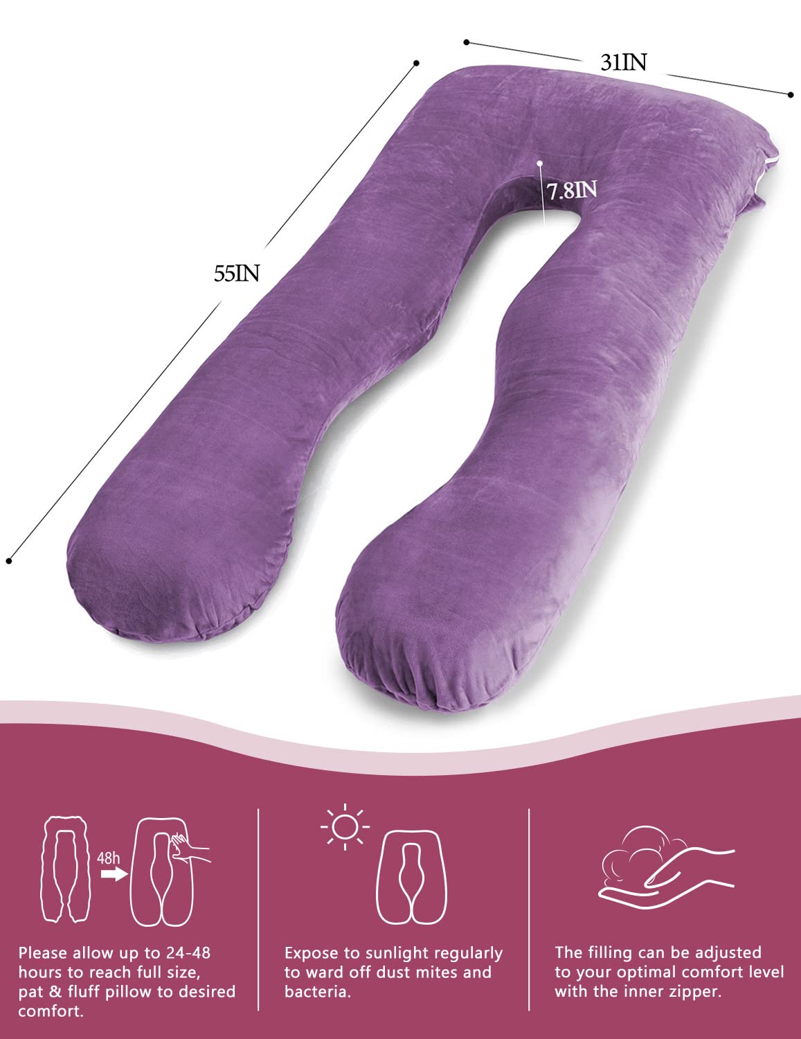 AngQi Pregnancy Body Pillow with Velvet Cover - U Shaped Maternity Pillow for Side Sleepers, Back & Hip Pain Relief - Dark Purple - Perfect for Pregnancy Comfort & Postpartum Support