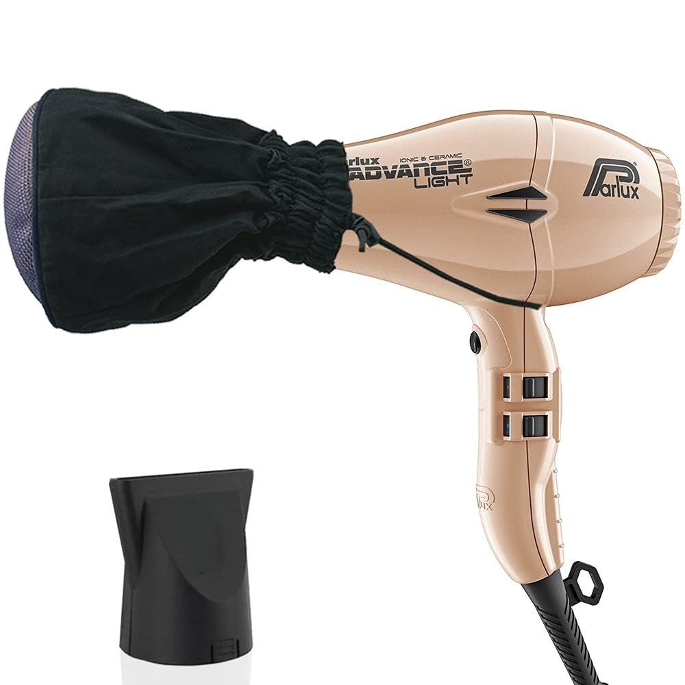 Parlux Advance Light Gold Ionic Ceramic Hair Dryer with Metal Mesh Diffuser - Professional Salon Quality Blow Dryer for Frizz Control & Shine - Perfect for Home Use, Styling, and Travel