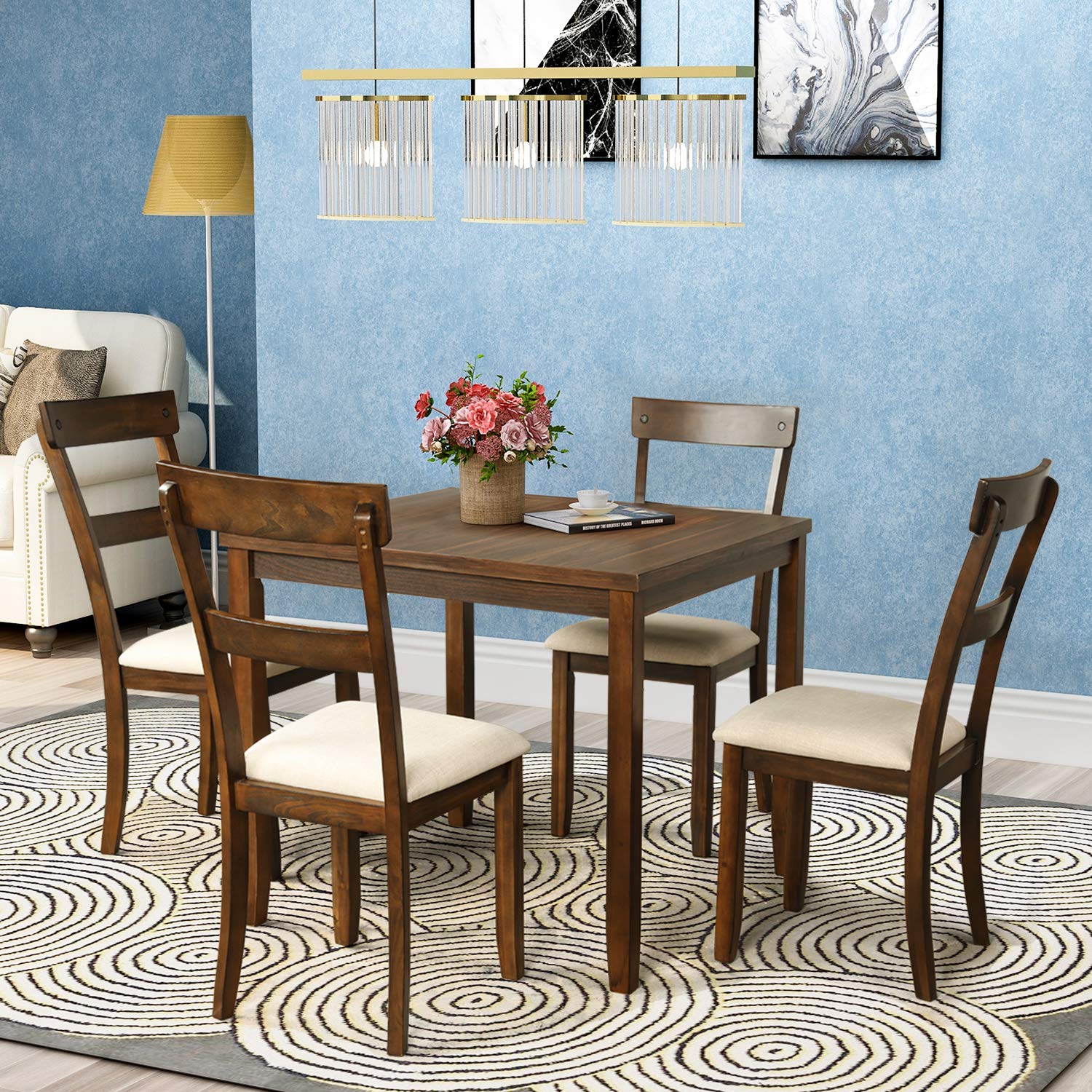 Harper & Bright Designs 5-Piece Industrial Dining Table Set - Solid Wood Kitchen Table & 4 Chairs for Dining Room, Breakfast Nook or Small Space (Walnut Finish)