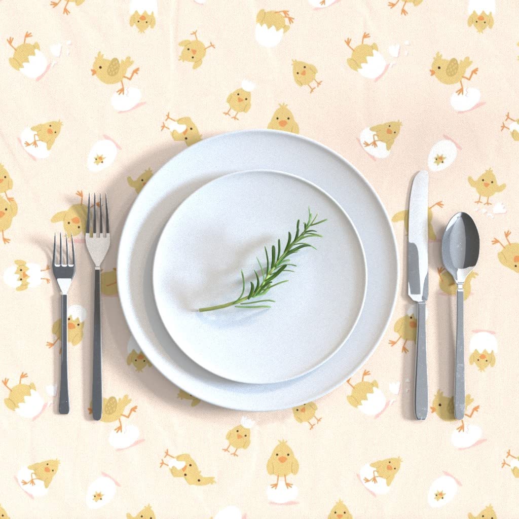 Premium Spoonflower Cotton Sateen Tablecloth 70x108 Inches - Blush Pink Easter Egg & Baby Chick Print Washable Dining Table Linens for Spring Parties, Baby Showers & Holiday Decor