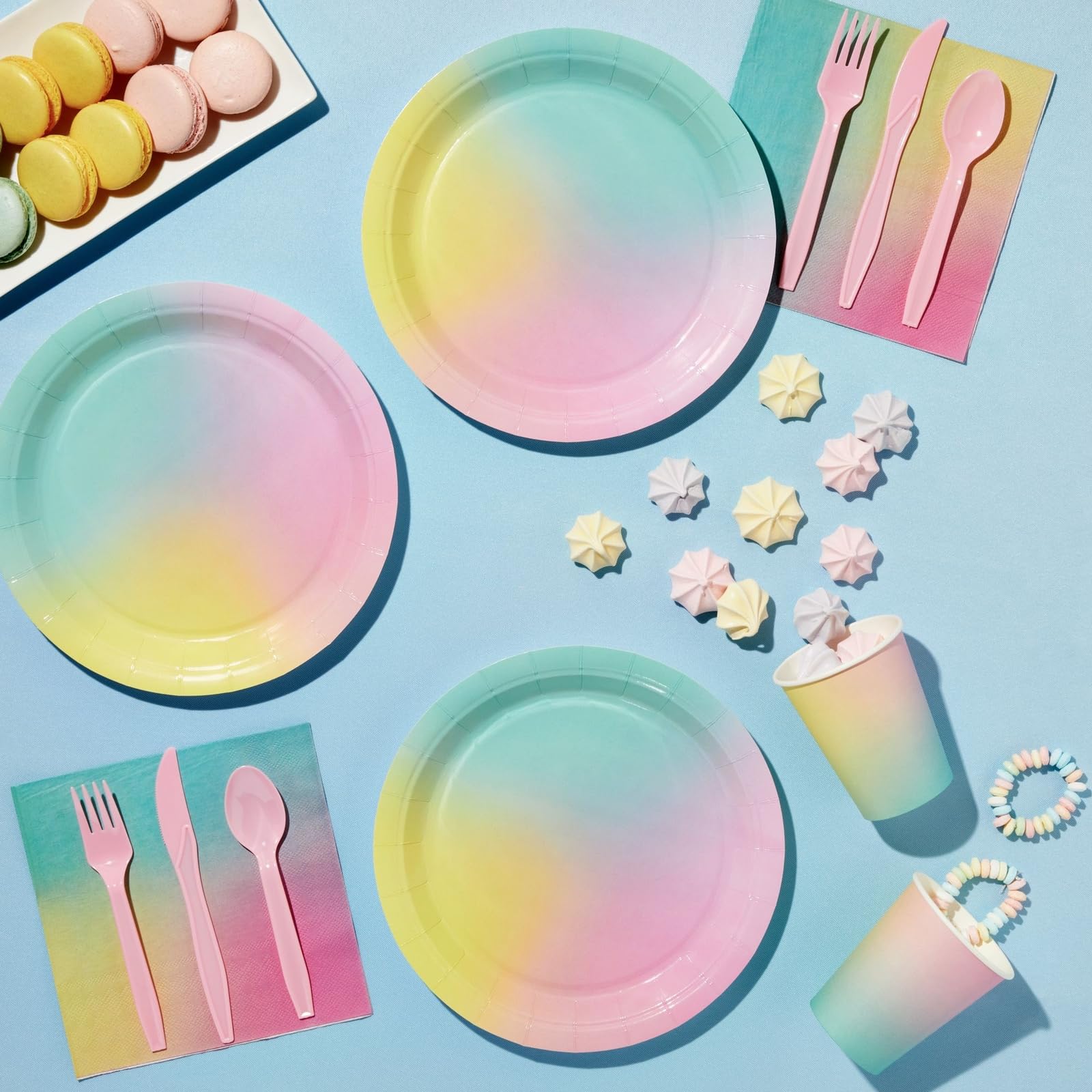 BLUE PANDA 144-Piece Pastel Rainbow Birthday Party Supplies Set - Includes Paper Plates, Napkins, Cups & Pink Cutlery (Serves 24) | Perfect for Kids Birthday Parties, Baby Showers & Rainbow Themed Events