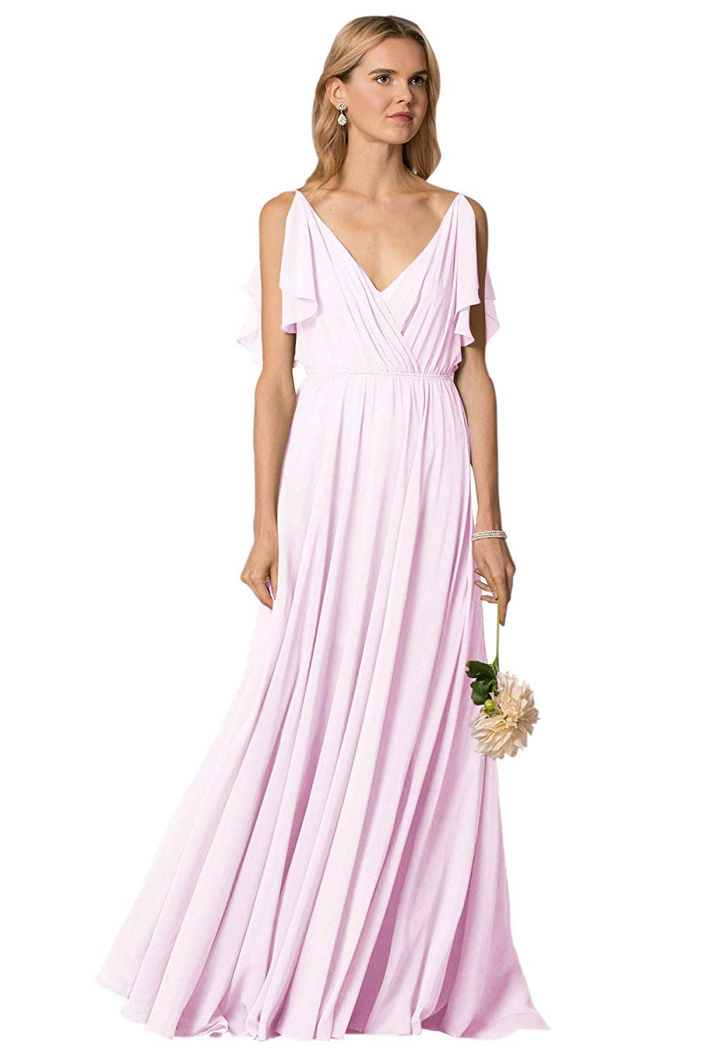 Elegant Long Chiffon Bridesmaid Dresses with V-Neck & Ruffles - Blush Pink Wedding Party Gowns for Women - Perfect for Formal Events, Weddings & Special Occasions