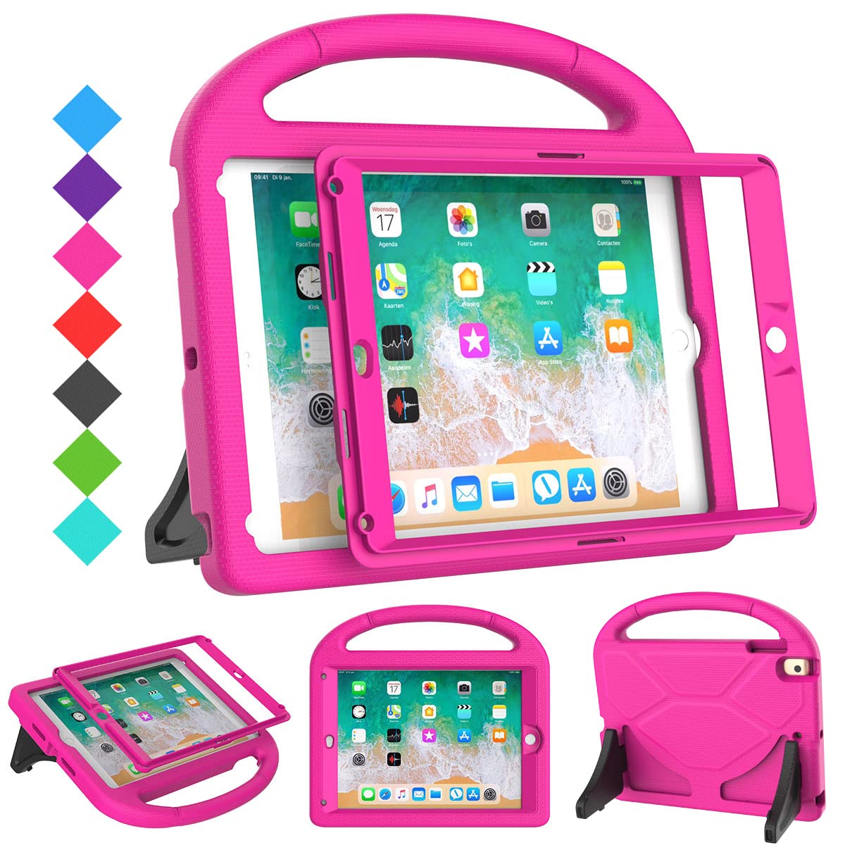 SUPLIK Kids Protective Case for iPad 5th/6th Generation (9.7 inch, 2017/2018), iPad Air 1/2 & iPad Pro 9.7 - Shockproof Cover with Built-in Screen Protector & Handle Stand - Perfect for School, Travel & Home Use (Pink)