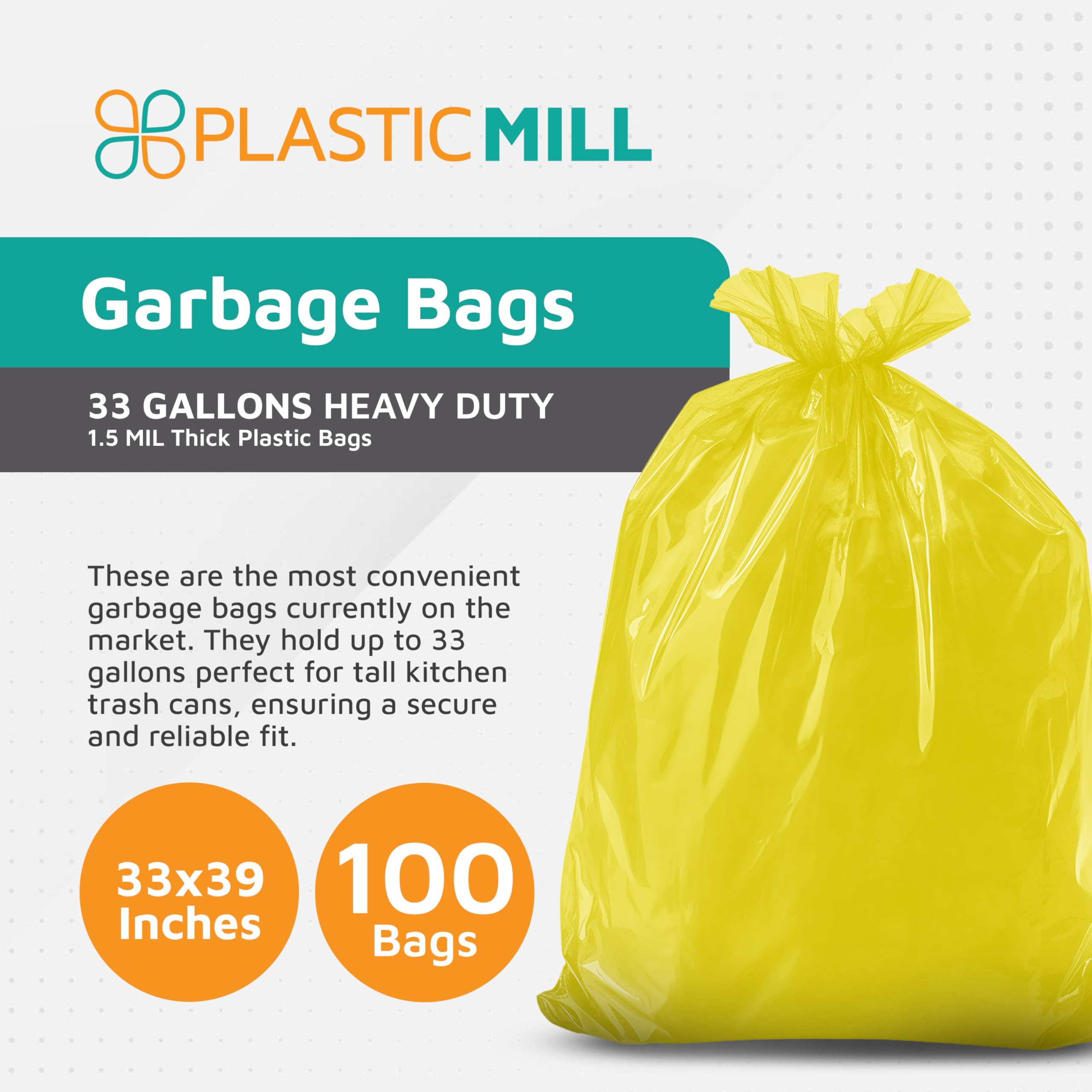 PlasticMill Heavy Duty 33-Gallon Trash Bags - 1.5 Mil Thick Yellow Garbage Bags for Kitchen, Office & Outdoor Use - 33