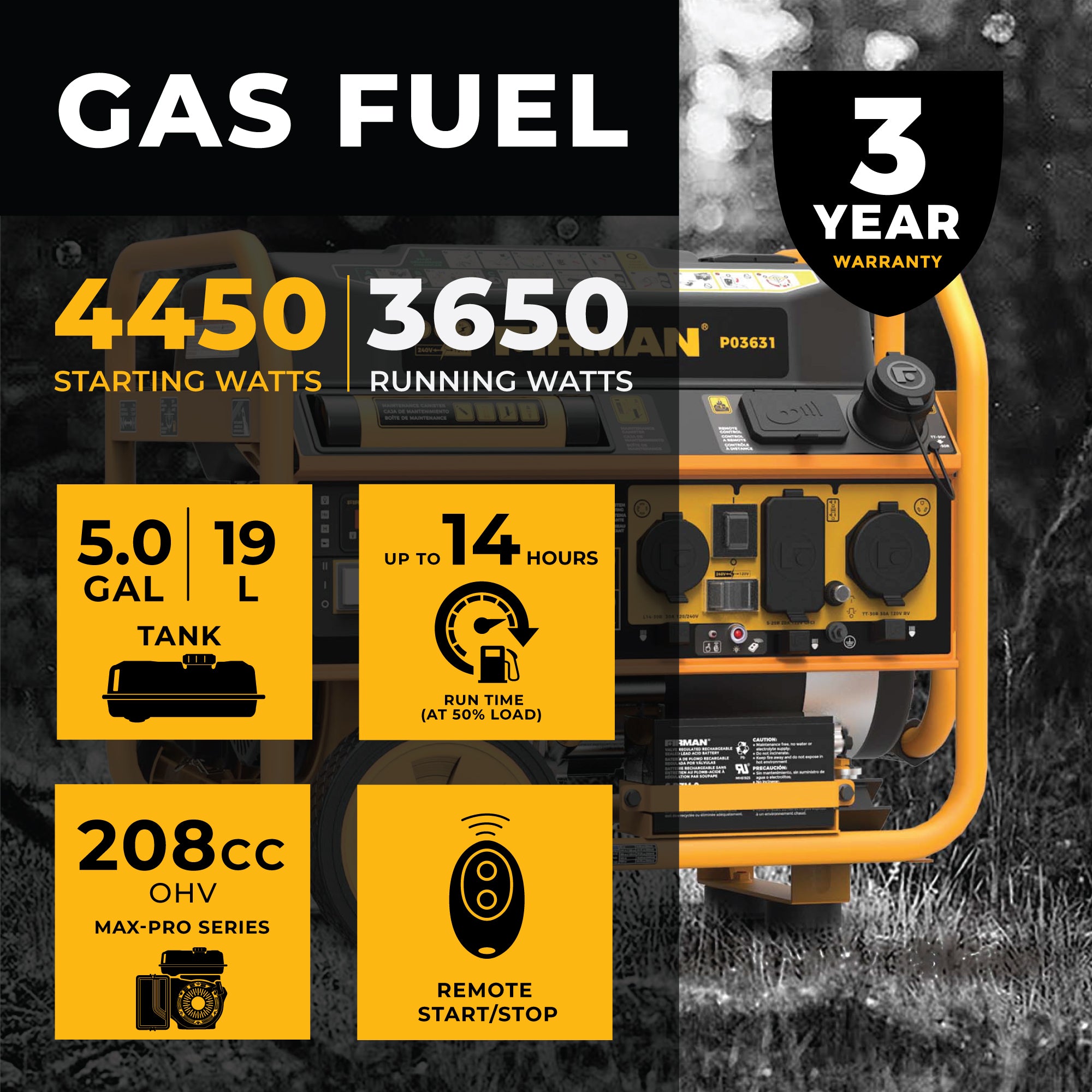 4550W Portable Gas Generator with Remote Start & CO Alert - 120/240V Dual Voltage for Camping, Home Backup & Outdoor Power Supply