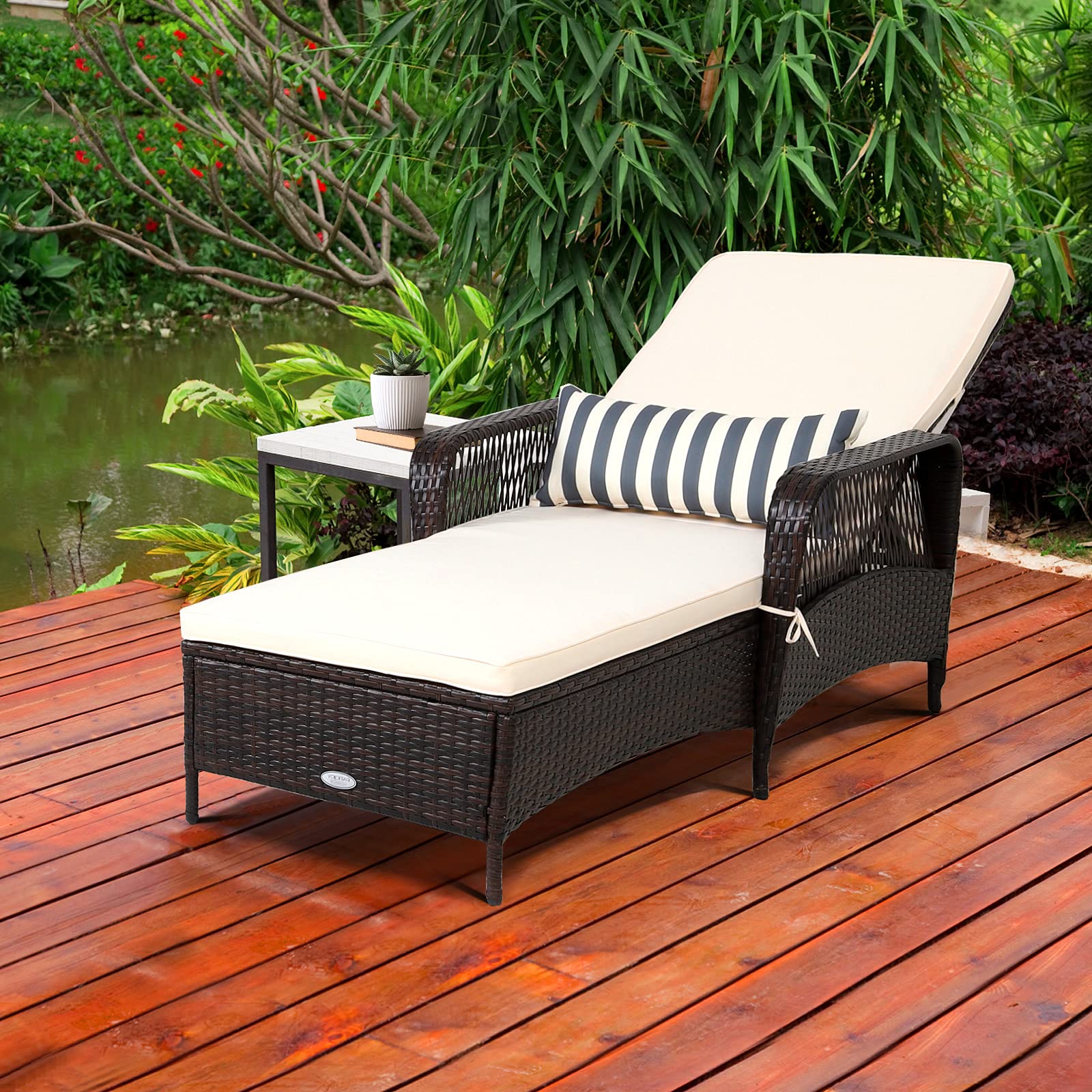 RELAX4LIFE PE Rattan Chaise Lounge - Outdoor Recliner Chair with Thick Cushion & Lumbar Pillow, 6-Position Adjustable Backrest, Non-Slip Foot Pads - Perfect for Sunbathing, Poolside Relaxation, Patio, Garden & Backyard Lounging (White)
