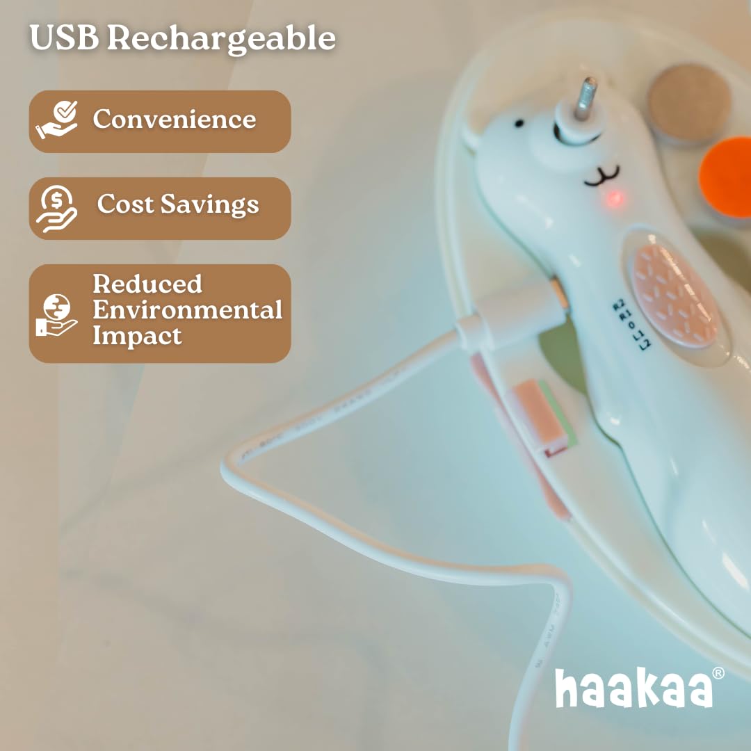 Haakaa Happii Bear Rechargeable Electric Baby Nail Trimmer Set with LED Light - Gentle & Quiet Baby Nail Clippers & File for Newborns & Toddlers - Perfect for Safe At-Home Baby Nail Care & Travel Use