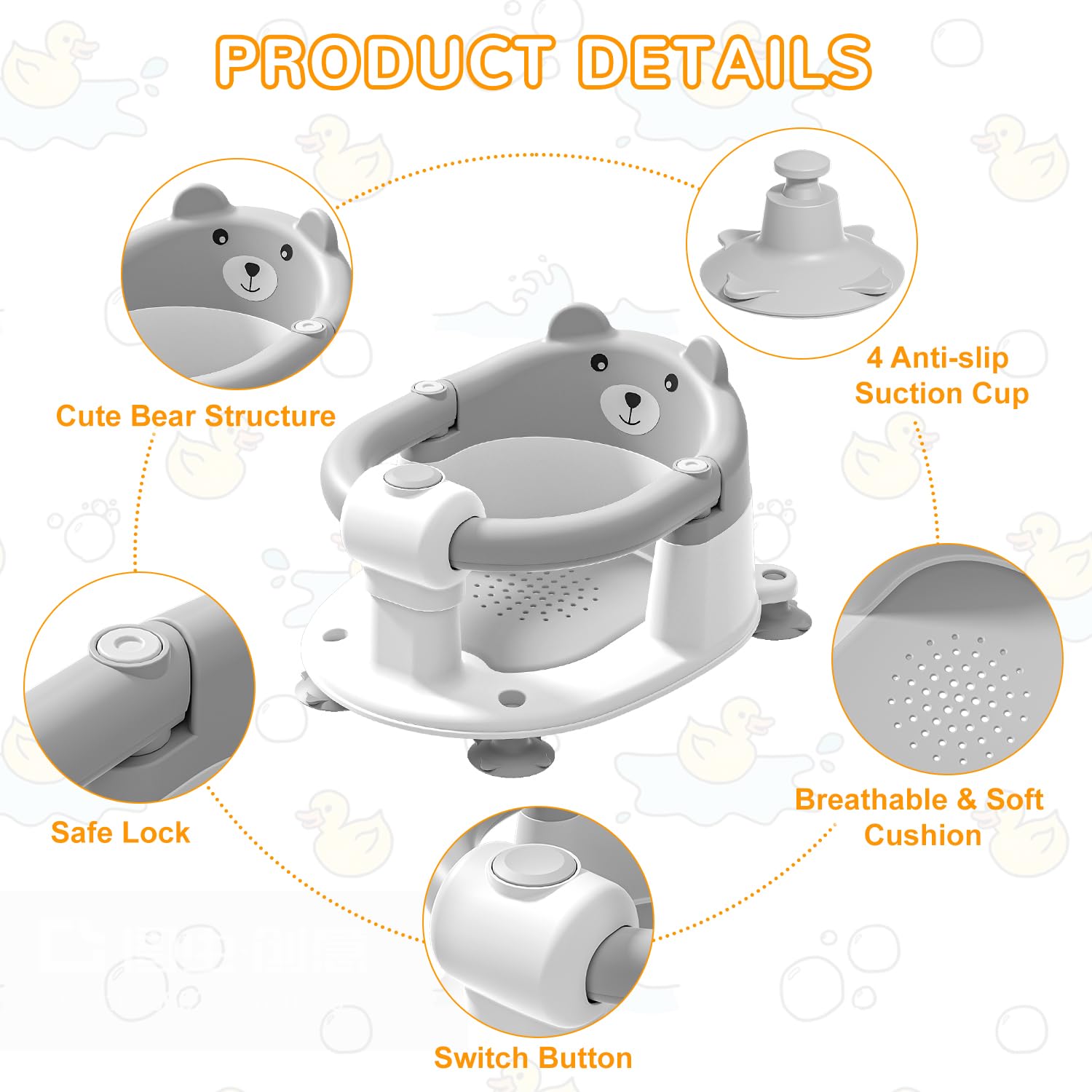**Non-Slip Baby Bath Seat for Infants 6+ Months – Safe Toddler Bathtub Chair with 4 Suction Cups & Soft Cushion – Gray – Perfect for Newborns Learning to Sit Up in Shower or Tub**