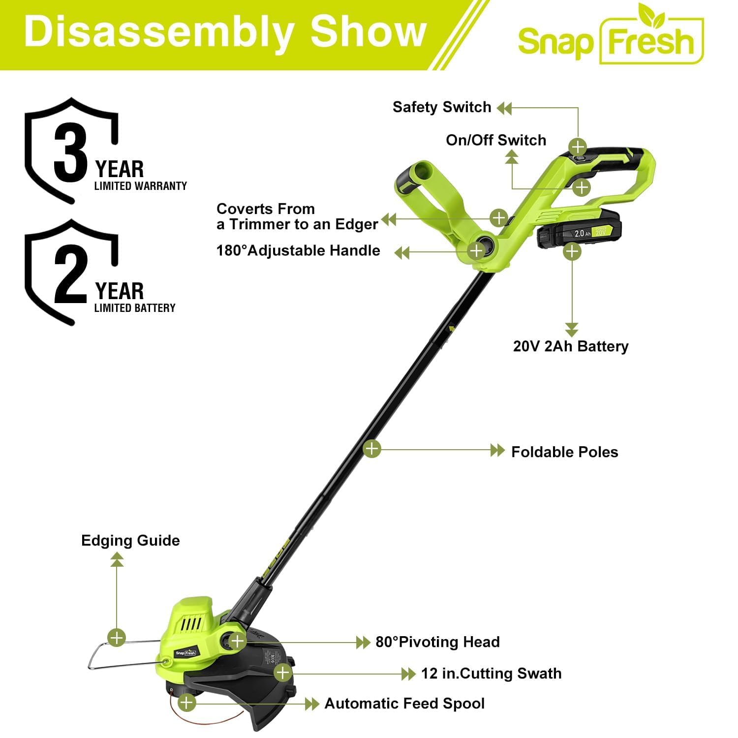 **SnapFresh 20V Cordless String Trimmer - Electric Lawn Trimmer with 2.0Ah Battery & Fast Charger, Lightweight Adjustable Angle Trimmer for Garden, Yard, and Lawn Edging - Perfect for Home Landscaping and DIY Lawn Care**