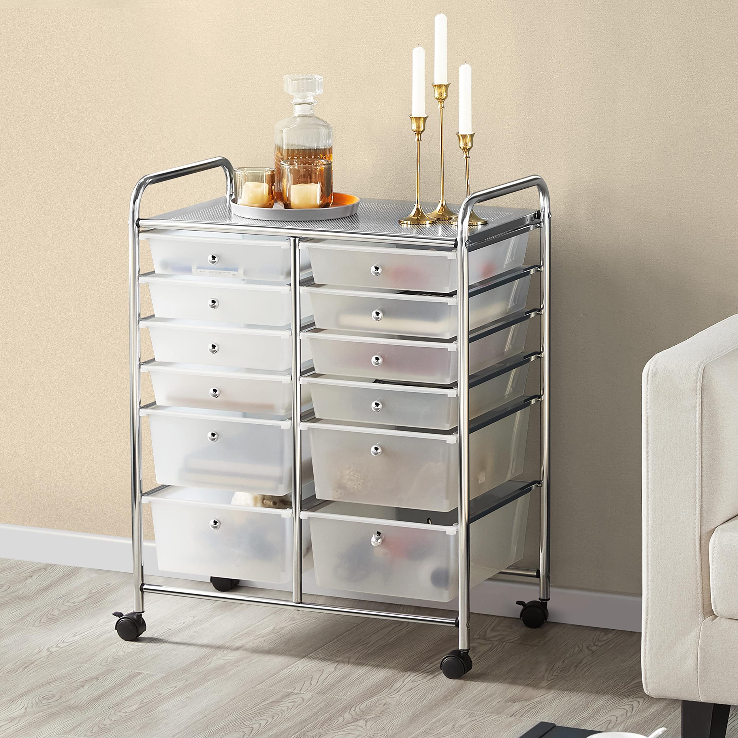 Topeakmart 12-Drawer Utility Rolling Cart Organizer - Plastic Storage Drawers Craft Trolley with 360° Swivel Castor Wheels - White | Perfect for Craft Rooms, Workshops, Office Supplies & Home Organization