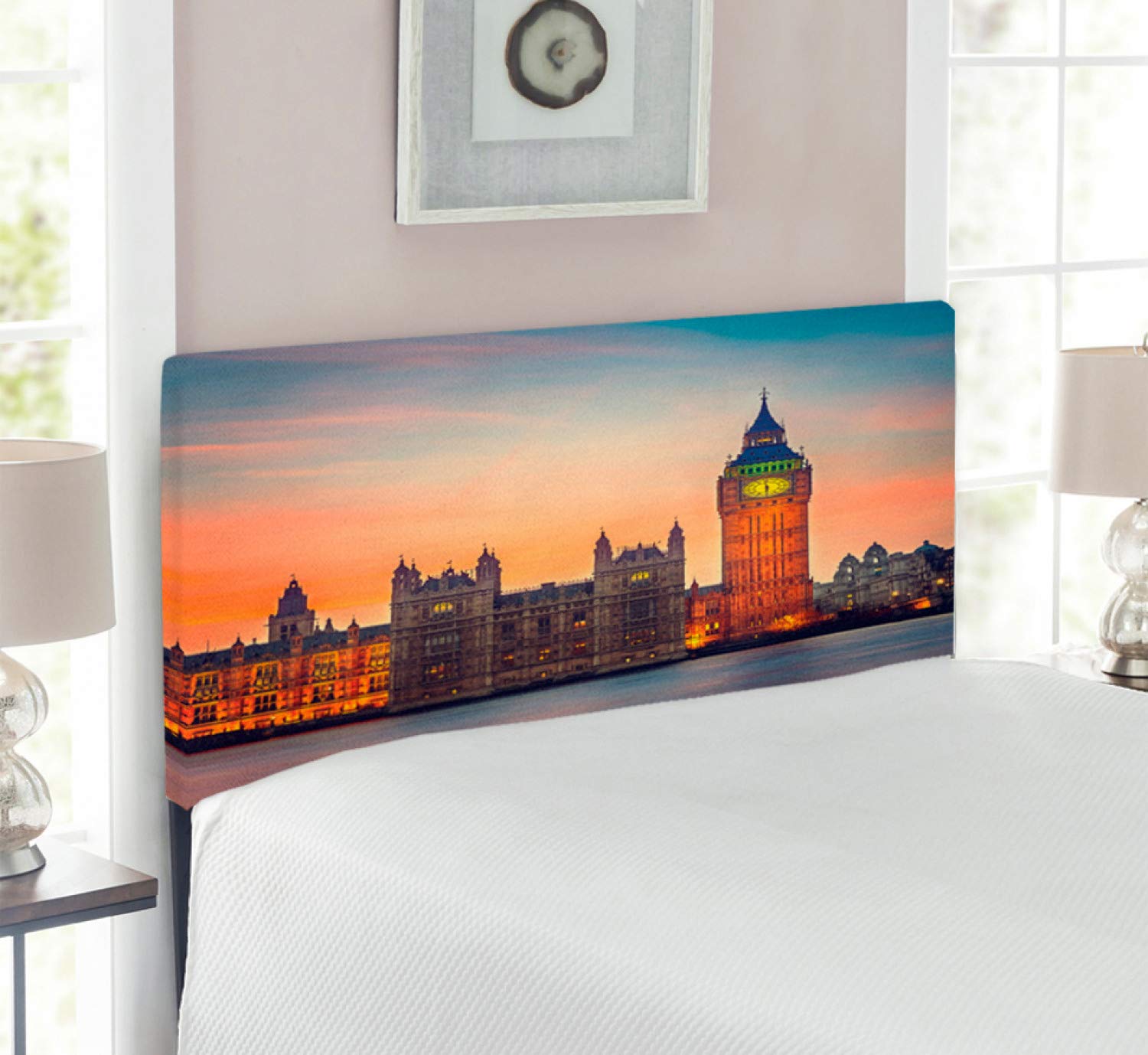 Ambesonne London Headboard - Big Ben & Houses of Parliament at Dusk - Upholstered Metal Bed Headboard with Memory Foam - Twin Size - Multicolor - Perfect for British-Themed Bedrooms & Home Decor