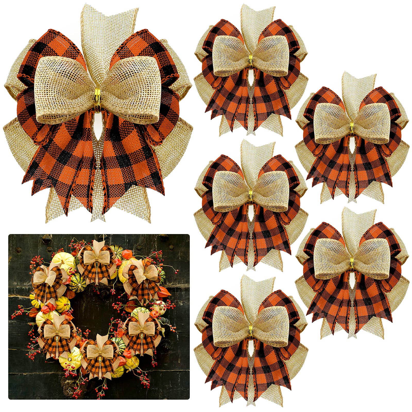 6 Christmas Burlap Wreath Bows - Plaid Double Layer for Tree Topper, Door Decor (Orange & Black) - Holiday & Wedding Decorations