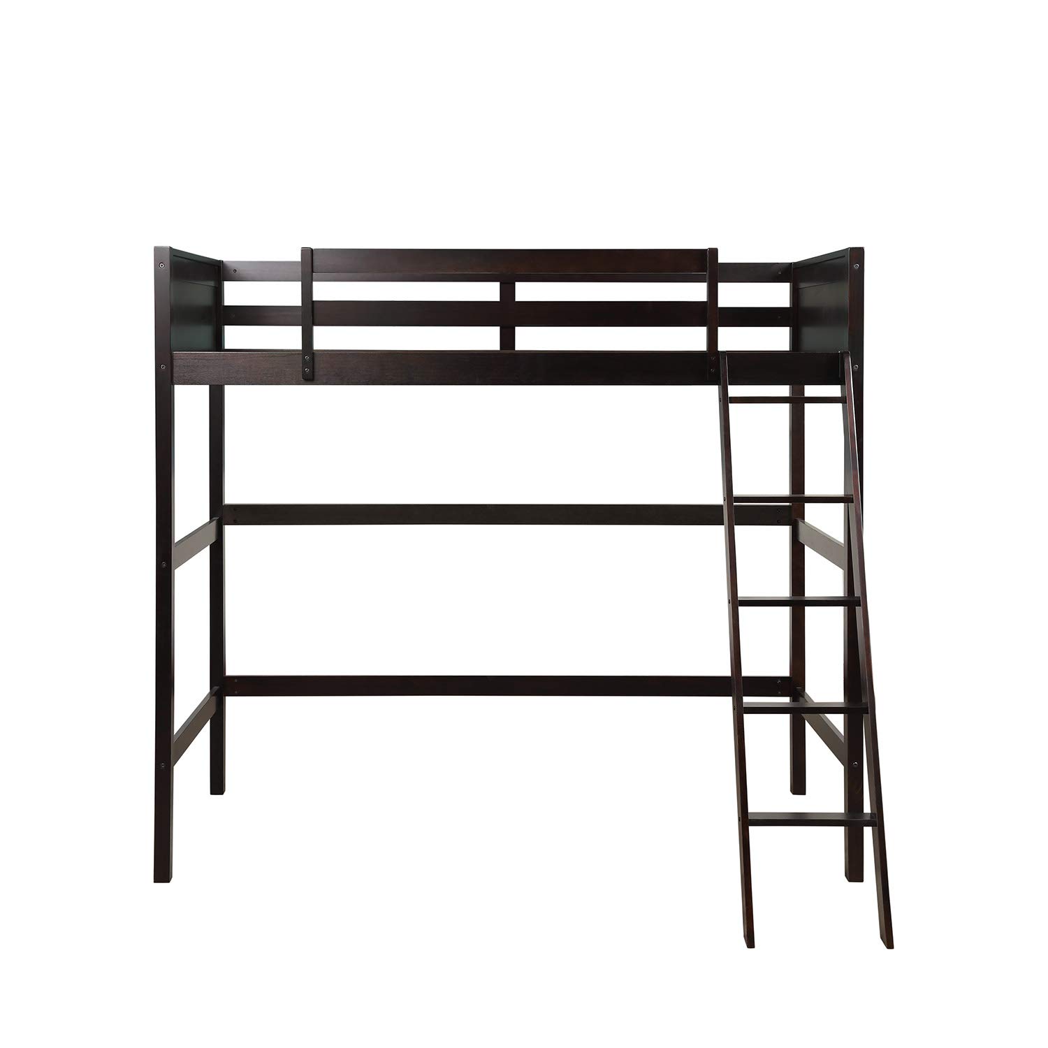Knocbel Twin Size Loft Bed Frame with Wooden Slats, Safety Guard Rail & Angled Ladder - Sturdy Wood Platform Bed in Espresso Finish | Perfect for Kids' Rooms, Small Apartments & Dorm Spaces