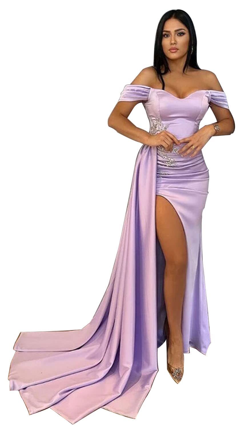 Off Shoulder Mermaid Prom Dresses for Women - Long Ruched Satin Formal Gown with Sexy High Slit, Bodycon Evening Dress for Bridesmaid, Homecoming, Pageant & Special Occasions