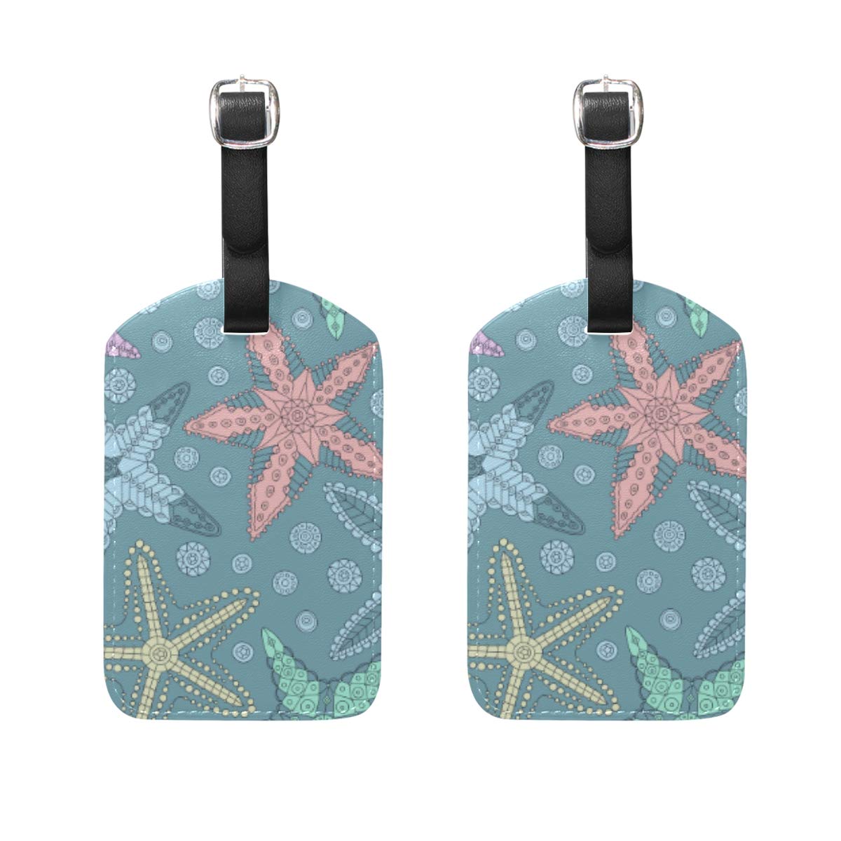 Marine Starfish Print PU Leather Luggage Tags with Privacy Cover - Set of 2 Travel Suitcase Labels for Cruise Vacations & Beach Trips