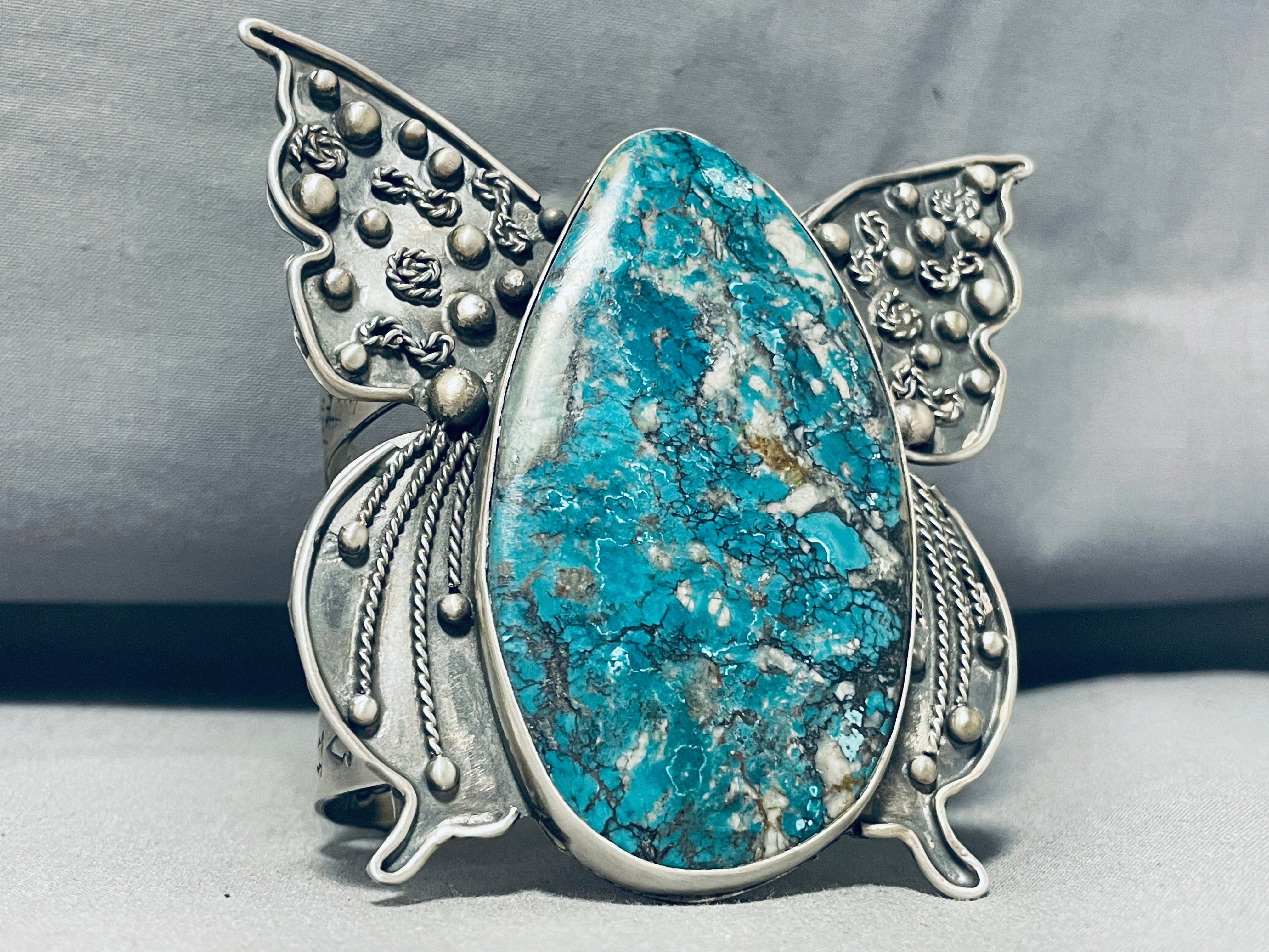 **153g Sterling Silver Butterfly Bracelet with Turquoise Spiderweb Design - Elegant Handmade Jewelry for Women, Perfect for Parties & Gifts**