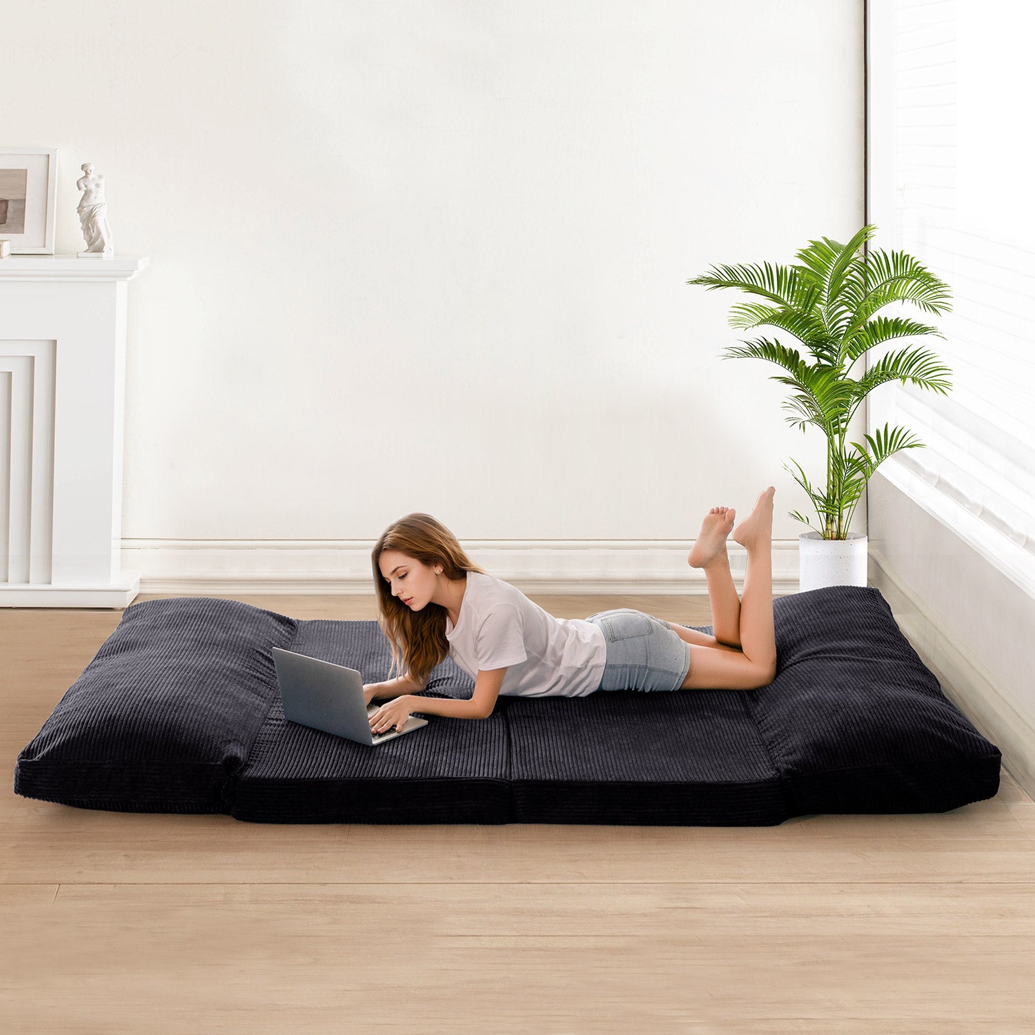 MAXYOYO Corduroy Bean Bag Sofa Bed - Foldable, Washable, Black | Comfortable Lounge Chair for Living Room, Bedroom, Dorm & Game Room