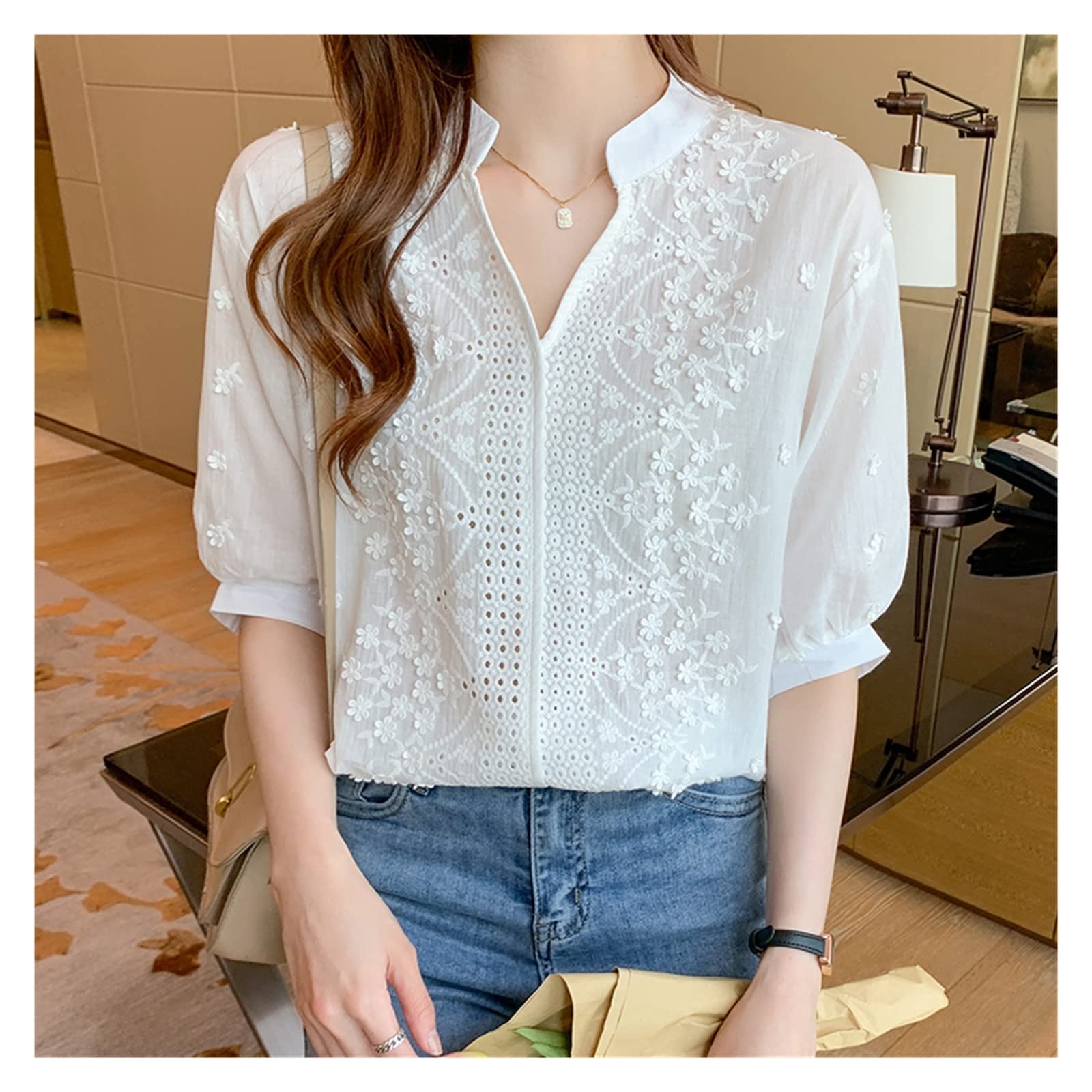 Elegant Summer Women's V-Neck Lace Blouse - Flowy XXL Tunic Top for Women - Breathable Feminine Shirt (A Color) | Perfect for Office Wear, Date Nights & Summer Outings