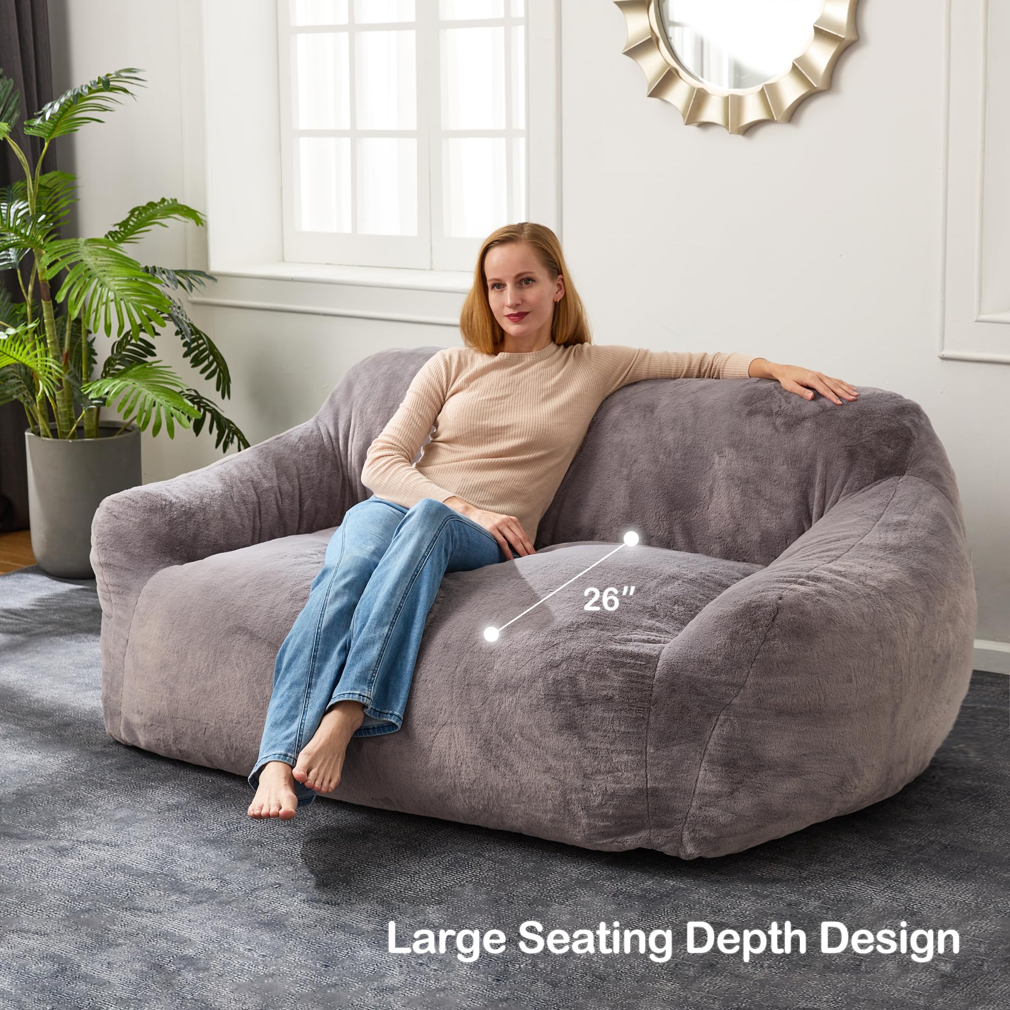 Homguava Oversized Bean Bag Chair for Adults - Giant Fluffy Faux Fur Bean Bag Sofa with Wide Armrests, Extra Large Floor Couch for Living Room, Bedroom & Apartment - Perfect for Lounging, Gaming & Relaxation (Grey)